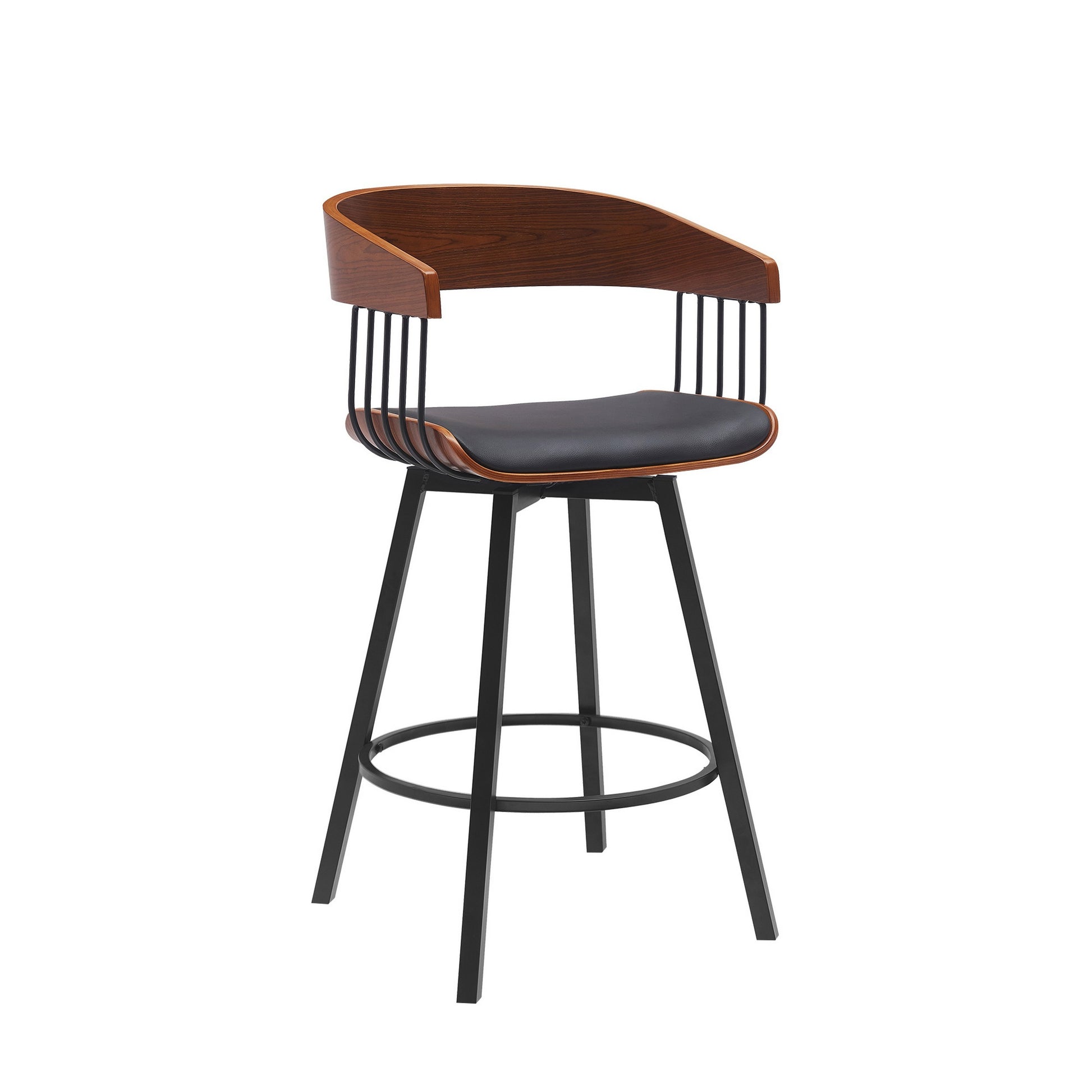 Vera 27 Inch Swivel Counter Stool Chair, Brown Open Back Black Faux Leather Black Brown Leather