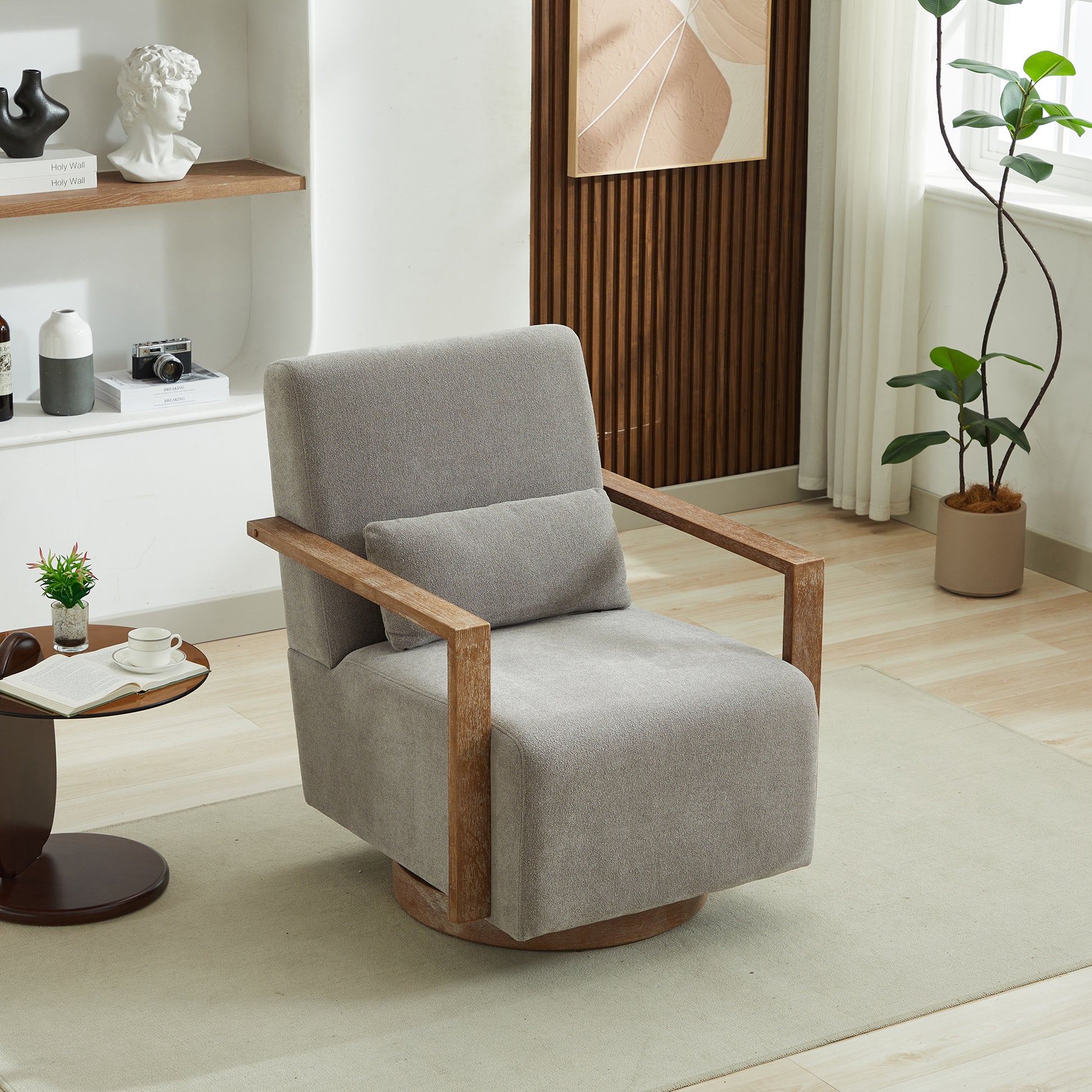 30.3"W Swivel Modern Upholstered Accent Chair With Solid Wood Armrests And 360 Degree Comfy Lounge Reading Chair, Side Armchair For Hotel, Bedroom, Living Room, Office, And Nursery Room. Gray Gray Linen Blend