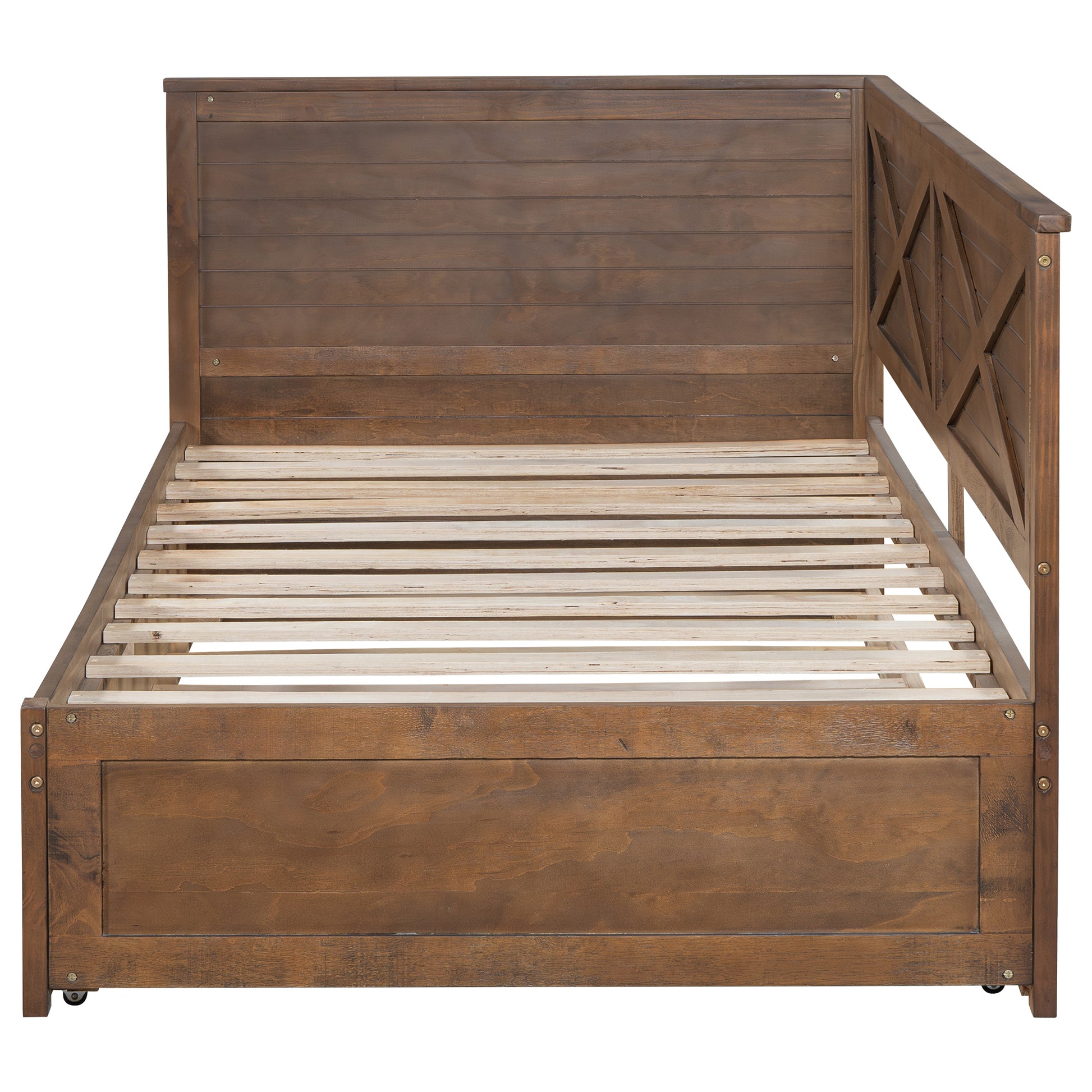 Twin Size Wood Daybed With Trundle And Rustic Guardrail, Ancient Brown Box Spring Not Required Twin Brown Wood Bedroom Solid Wood Mdf