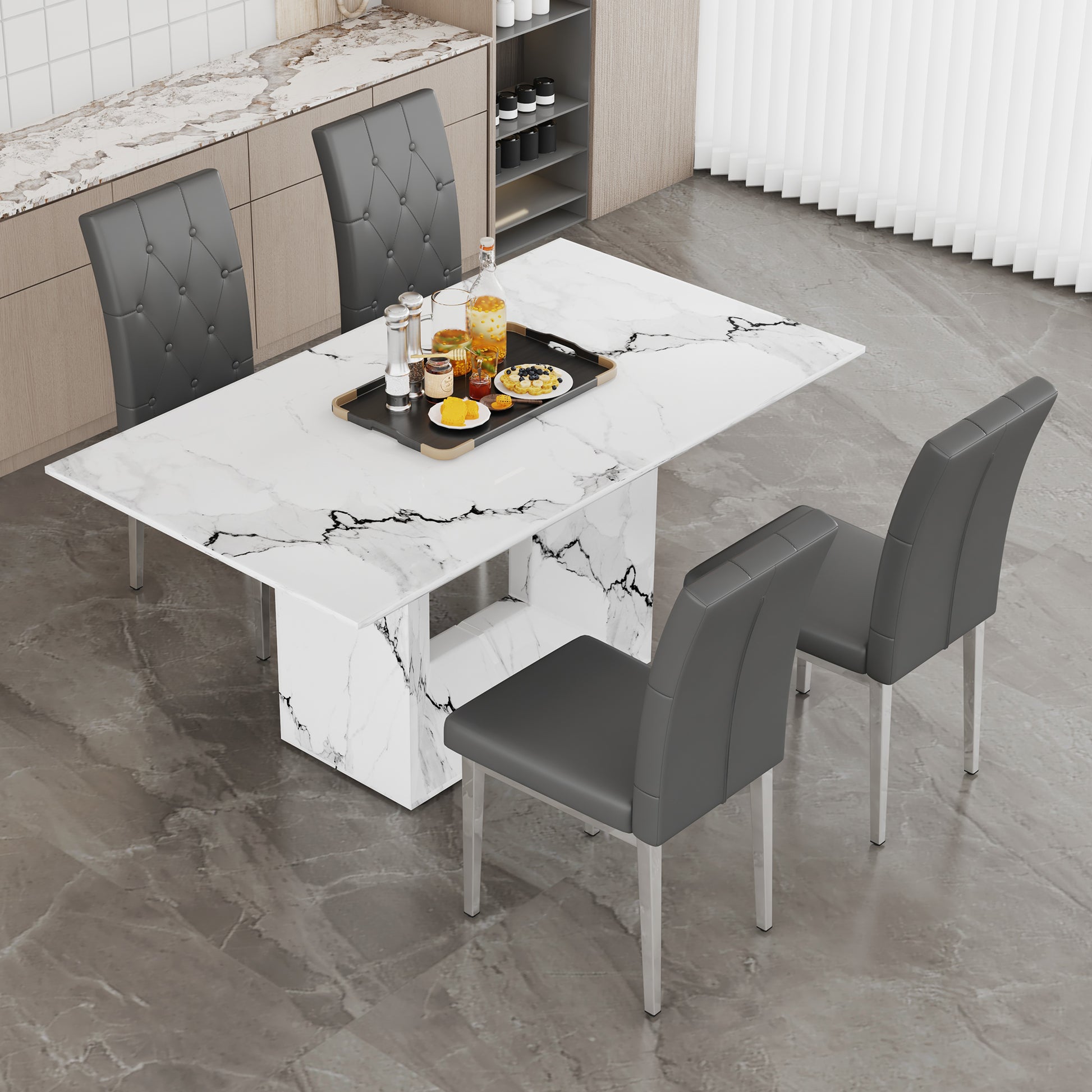 Table And Chair Set.63"X35.4" White Marble Patterned Mdf Dining Table Set With 4 Armless Dark Gray Pu Chairs.Showcasing A Modern And Stylish Look. Dark Gray,White Seats 4 Mdf Metal