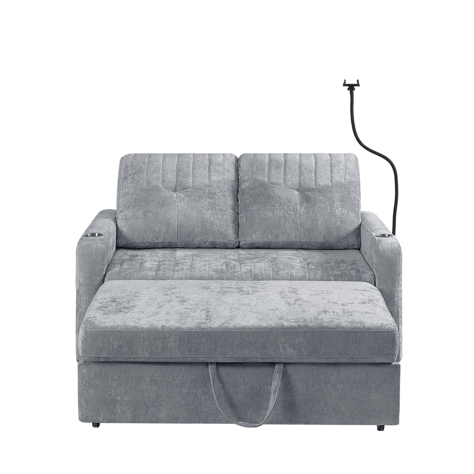 53.9" Modern Loveseat Pull Out Sofa Bed With Adjustable Backrest, Two Cup Holdersa Phone Holder, Three Charging Ports And Side Storage Pockets For Living Room, Grey Grey Foam Chenille