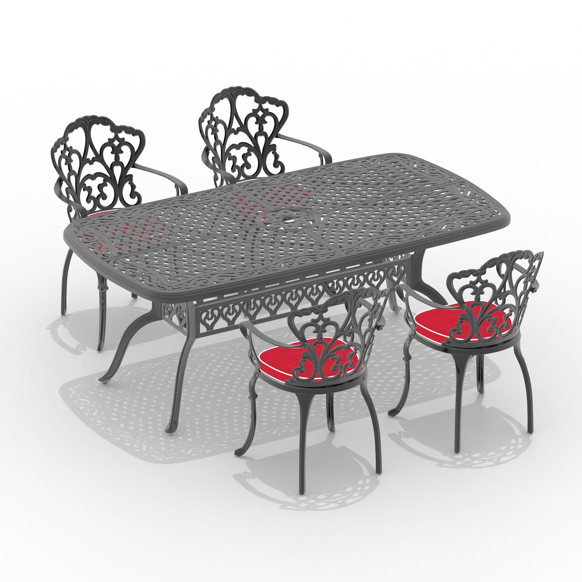 Cushions In Random Colors 5 Piece Set Of Cast Aluminum Patio Furniture With Cushions Yes Dining Set Black Seats 4 Rust Resistant Frame Water Resistant Cushion Garden & Outdoor Complete Patio Sets Aluminium