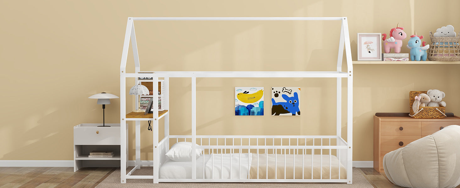 Twin Size Metal Bed House Bed Frame With Desk, Shelves, Power Outlets And Usb Ports, White Twin White Metal