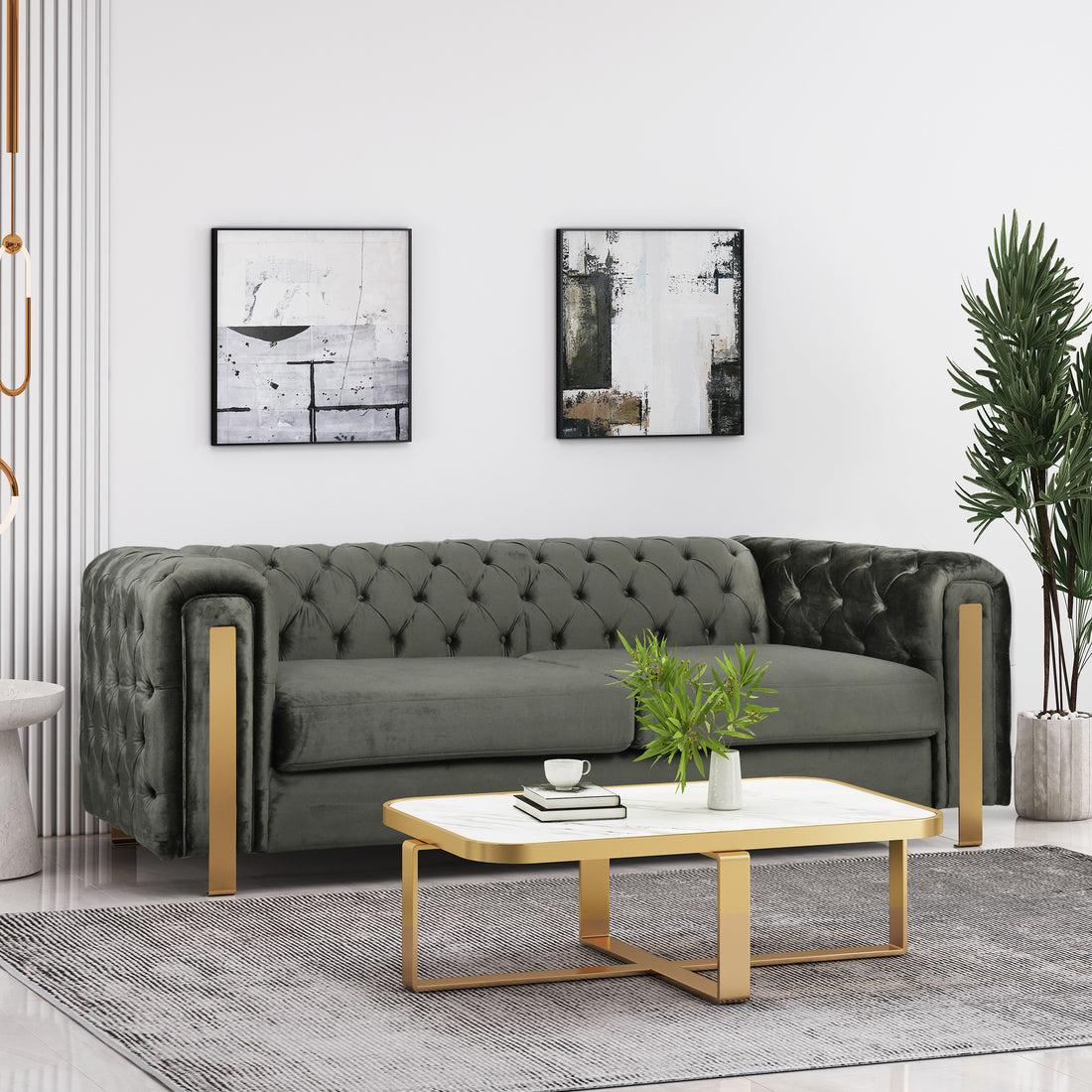 Mirod Comfy 3 Seat Sofa With Tufted Back And Arm, Modern For Living Room Grey Velvet 3 Seat