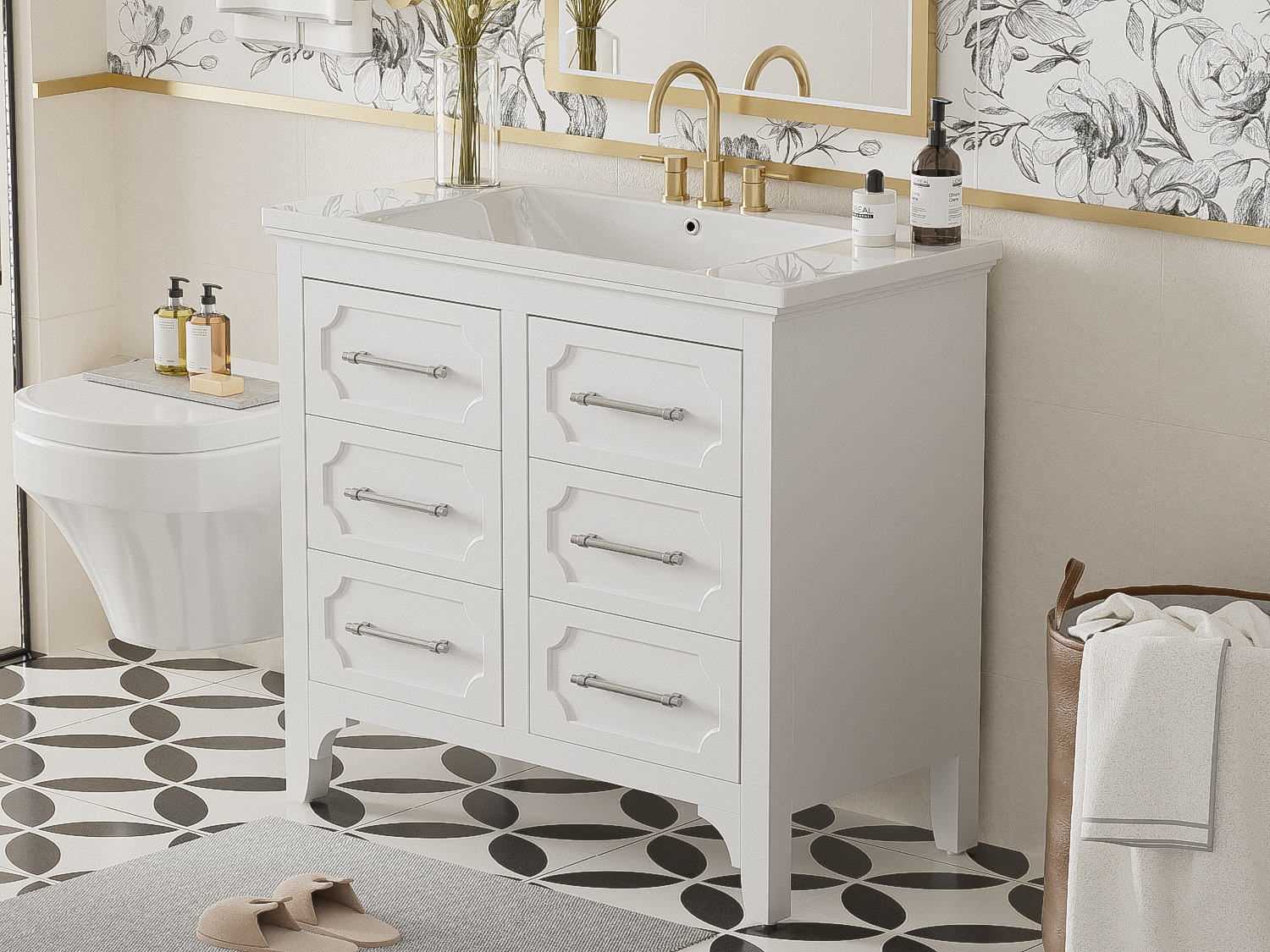 36'' Bathroom Vanity With Resin Sink Combo, Free Standing Single Vanity Set With Four Drawers, Solid Wood Frame Bathroom Storage Cabinet 4 White Bathroom Solid Wood Mdf Resin Painted