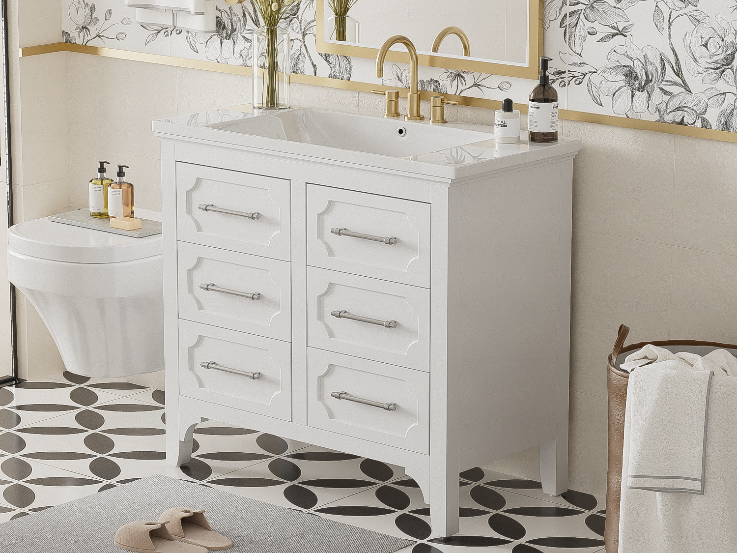 36'' Bathroom Vanity With Resin Sink Combo, Free Standing Single Vanity Set With Four Drawers, Solid Wood Frame Bathroom Storage Cabinet Same As Sw000128Aak White Bathroom Modern Solid Wood Mdf