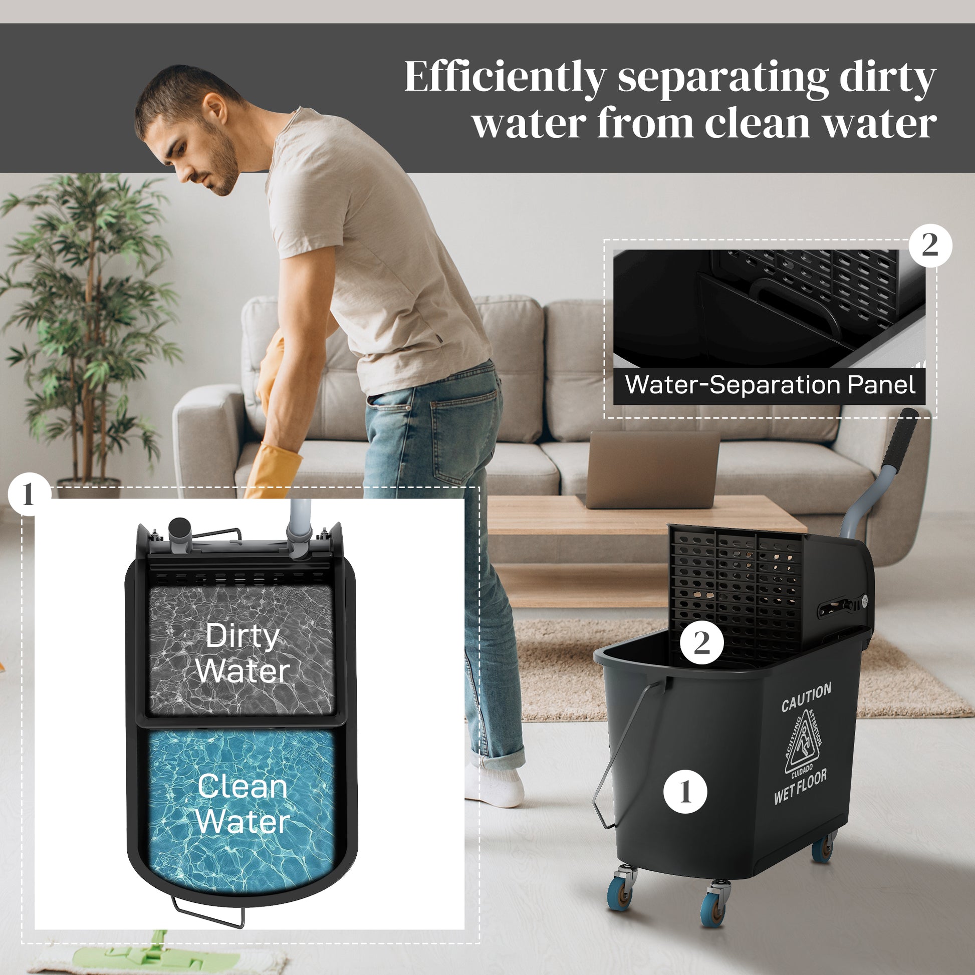 Homcom Mop Bucket With Wringer On Wheels For Floor Cleaning, 21 Quart, Separate Dirty And Clean Water, Black Black Plastic