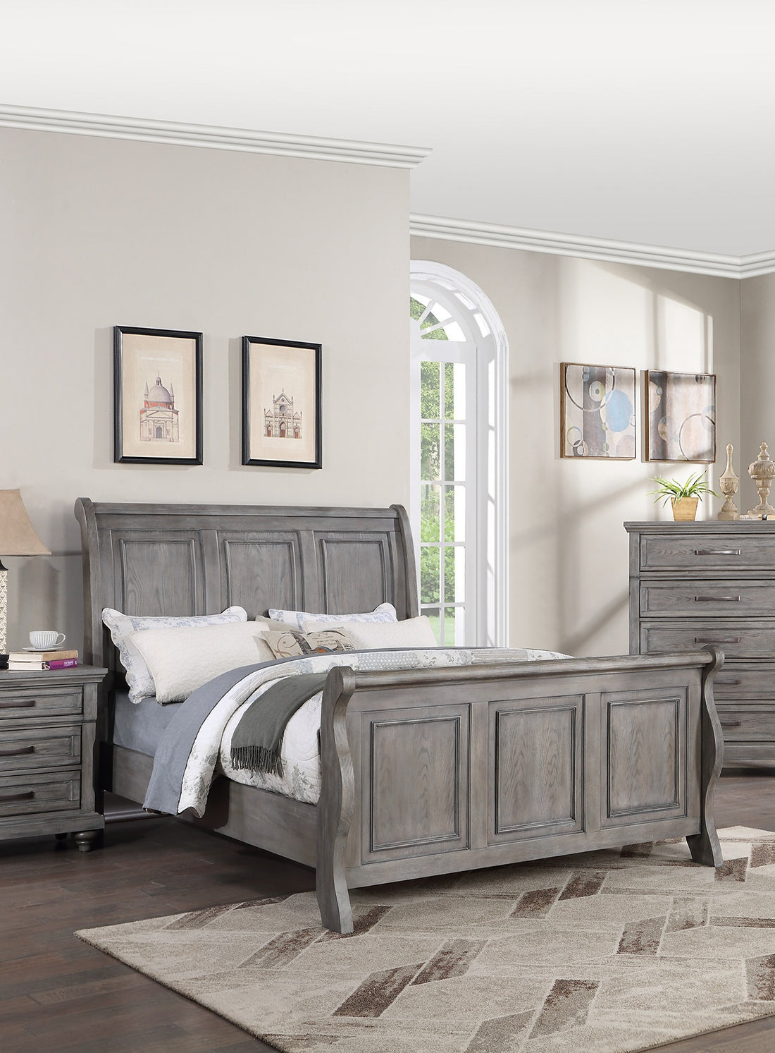 Grey Sleigh Design Headboard Fb 1Pc Eastern King Size Panel Bed Beautiful Wooden Bedroom Furniture Antique Gray Oak Finish Box Spring Required King Antique Gray,Gray Wood Bedroom