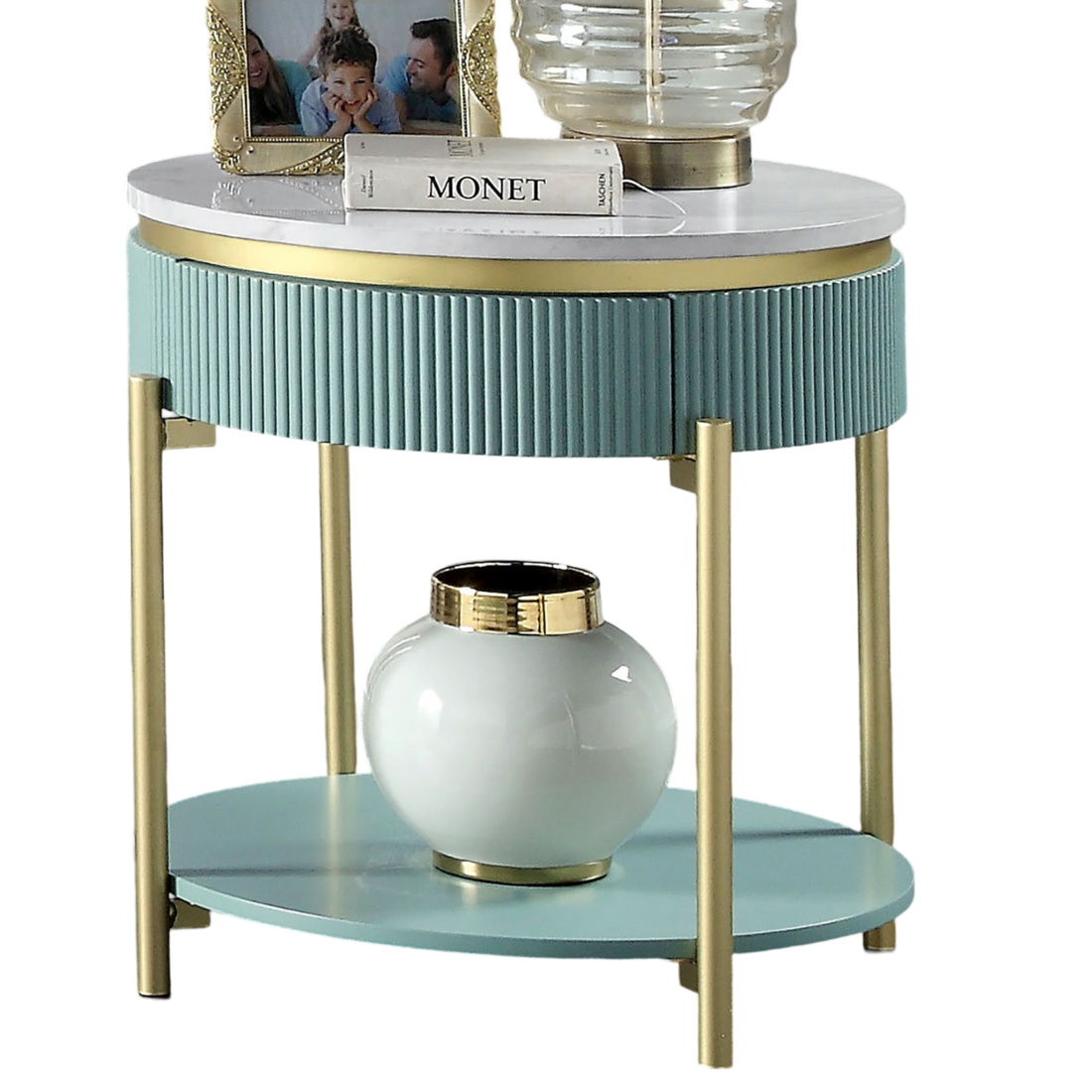 Glam Contemporary Light Teal 1Pc End Table White Faux Marble Top Living Room Table Open Bottom Shelve Teal Primary Living Space Contemporary,Glam,Modern,Shabby Chic Metal