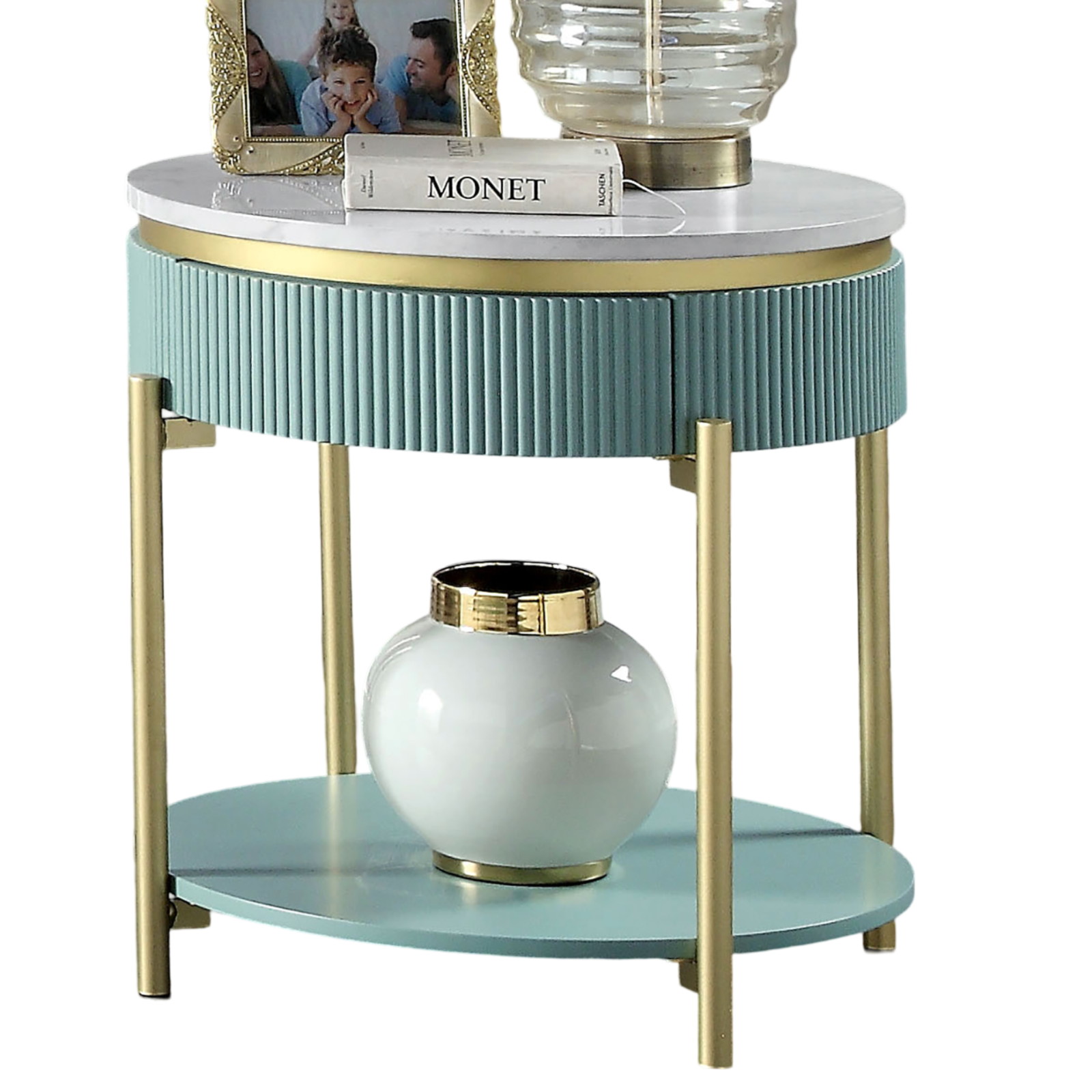 Glam Contemporary Light Teal 1Pc End Table White Faux Marble Top Living Room Table Open Bottom Shelve Teal Primary Living Space Contemporary,Glam,Modern,Shabby Chic Metal