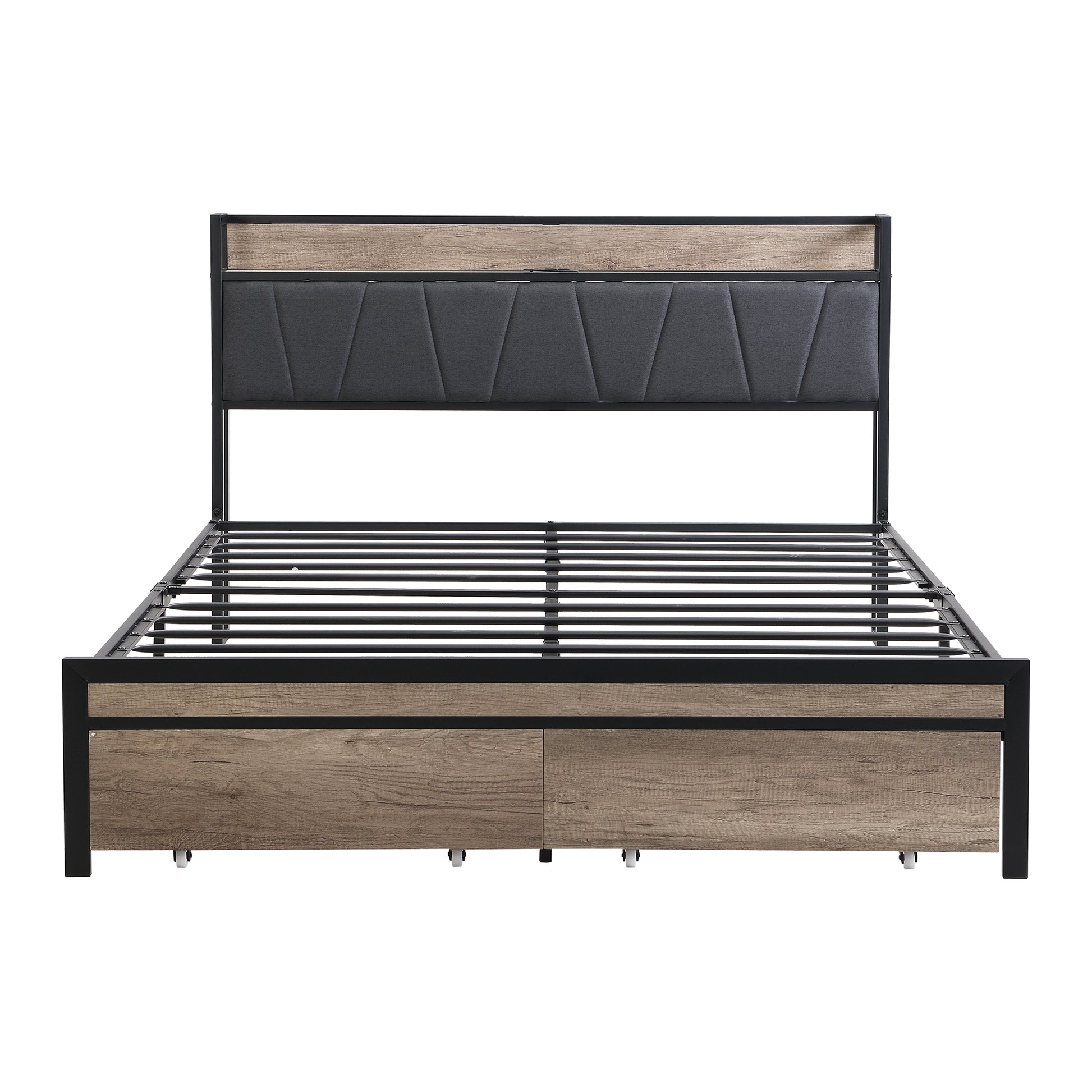 Full Size Metal Platform Bed Frame With Upholstery Storage Function Headboard And Usb Liner And Footboard With Drawers, No Box Spring Needed, Large Under Bed Storage, Easy Assemble Full Black Grey Mdf Metal