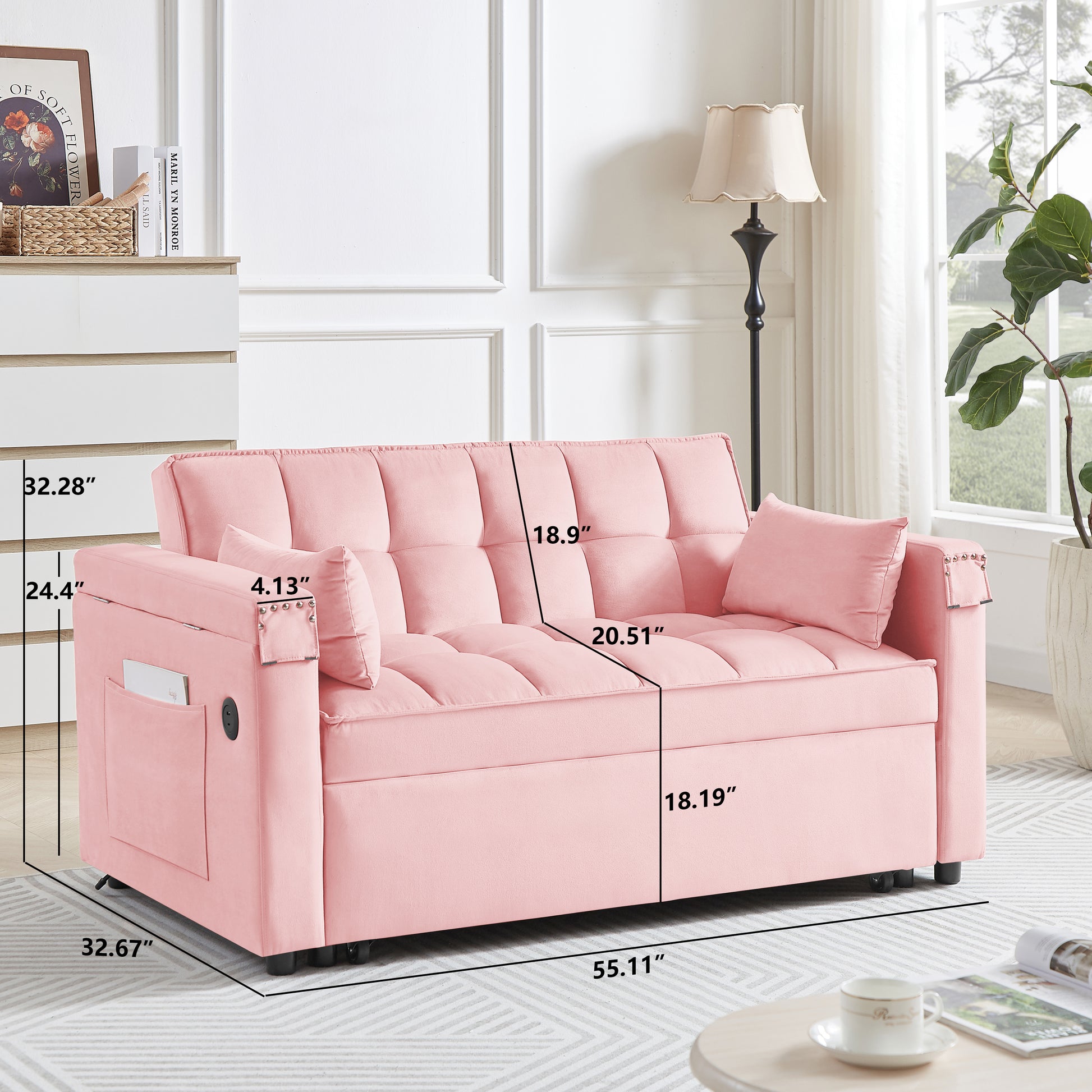 Convertible Sofa Bed In 3 Lengths, Modem Velvet Pulaut Bed, Adjustable Back And Wih Usb Port And Hidden Laptop Desk Table For Living Room, Smal Space,Pink Pink Velvet 2 Seat