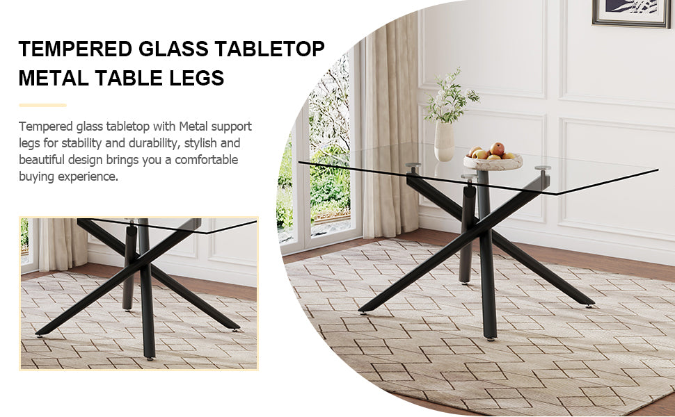 Table And Chair Set.Modern Rectangular Glass Dining Table With 0.39" Tempered Glass Tabletop And Black Metal Legs.Paired With Multiple Chairs Designed With Pu Cushions And Black Metal Legs. White Black Seats 4 Tempered Glass