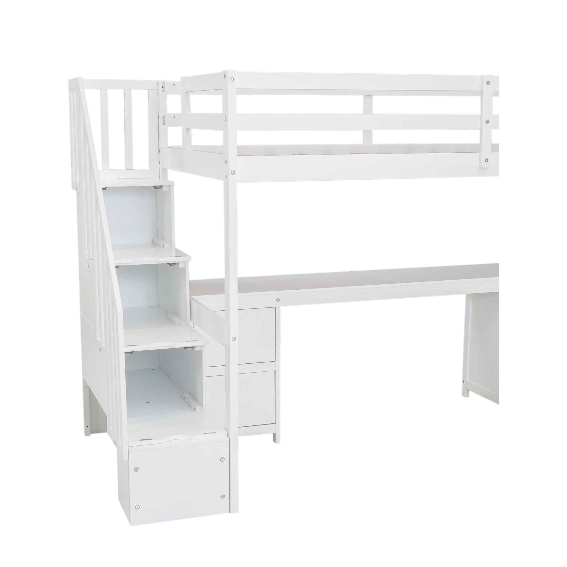 Twin Size Loft Bed Frame With Built In Desk And Double Storage Drawers,White Twin White Solid Wood Mdf