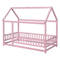 Twin Size Floor Wooden Bed With House Roof Frame, Fence Guardrails,Pink Twin Pink Pine