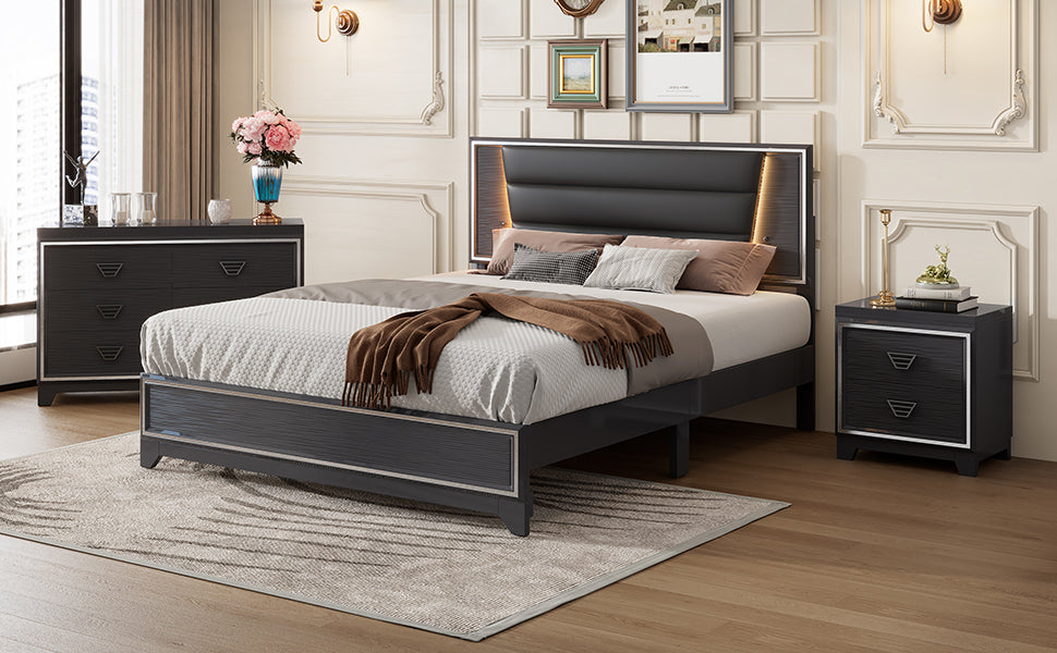 3 Pieces Bedroom Sets Queen Size Upholstered Bed With Led Lights, Nightstands And Dresser With Metal Handles And Sparkling Shiny Decoration, Black Expected Arrival Time:8.5 Queen Black 3 Piece Set Mdf Metal