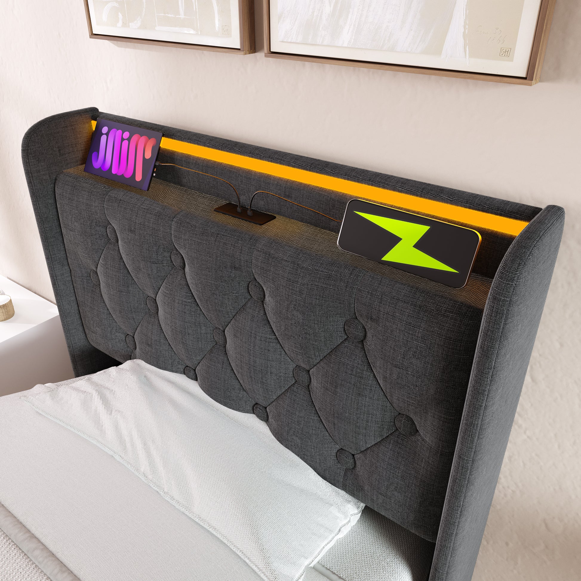 Twin Size Upholstered Bed, 360 Surround Led Function, Buttons Apps Remote Control, Hydraulic Storage Bed With Usb Type C Charging, Gray,Linen Without Mattress Twin Gray Linen