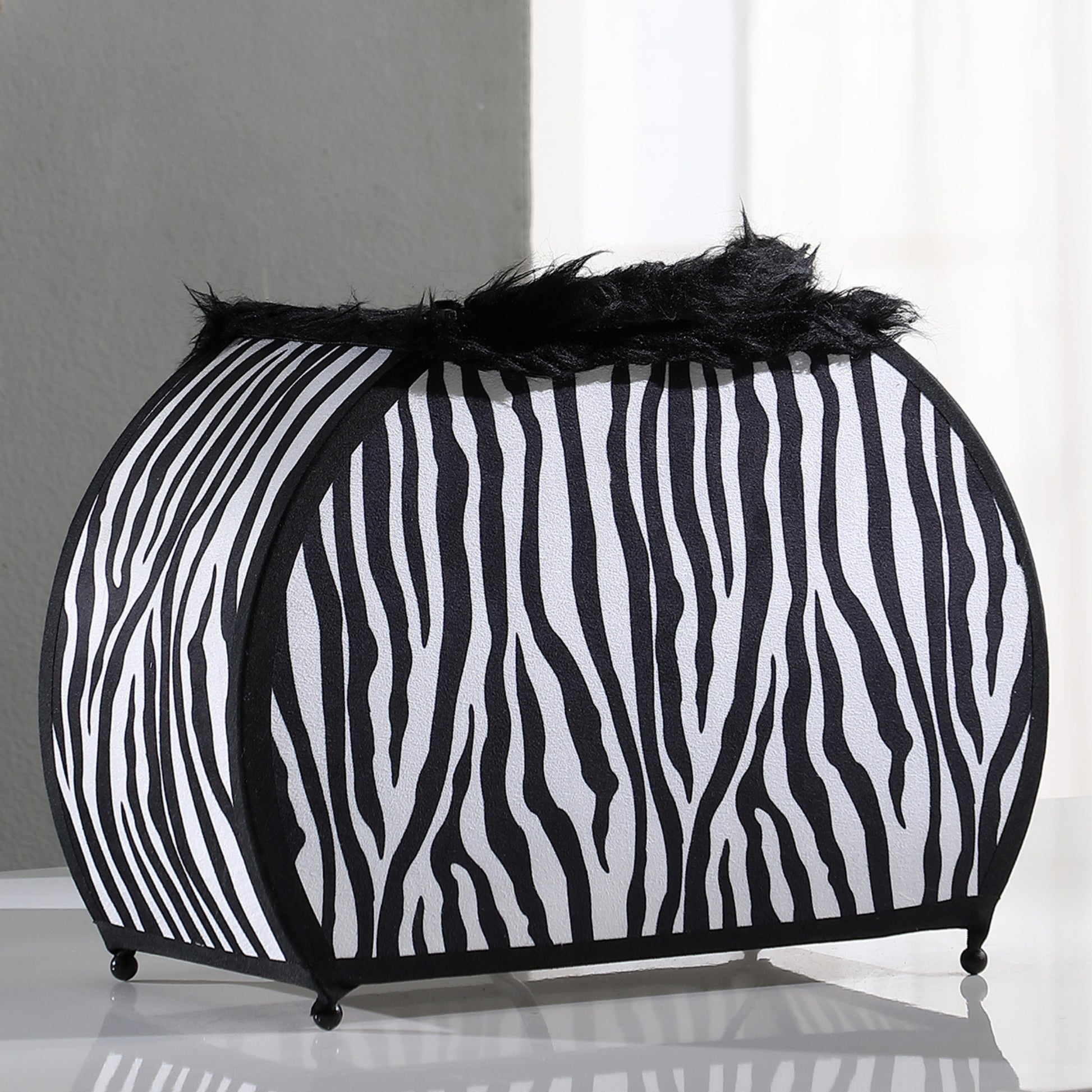 11.75" In Zebra Animal Print Purse W Black Faux Handle Table Lamp Black White Fabric Metal