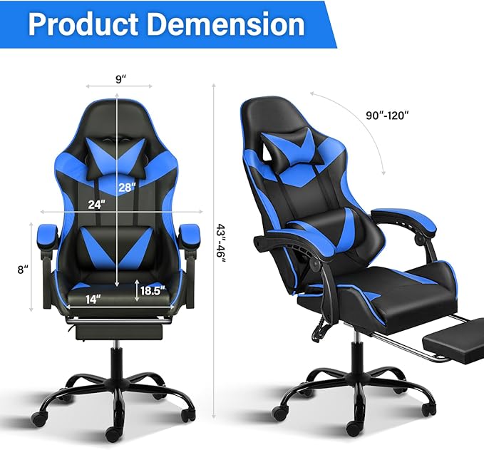 Gaming Chair, Backrest And Seat Height Adjustable Swivel Recliner Racing Office Computer Ergonomic Video Game Chair With Footrest And Lumbar Support, Black Blue Black Blue Plastic