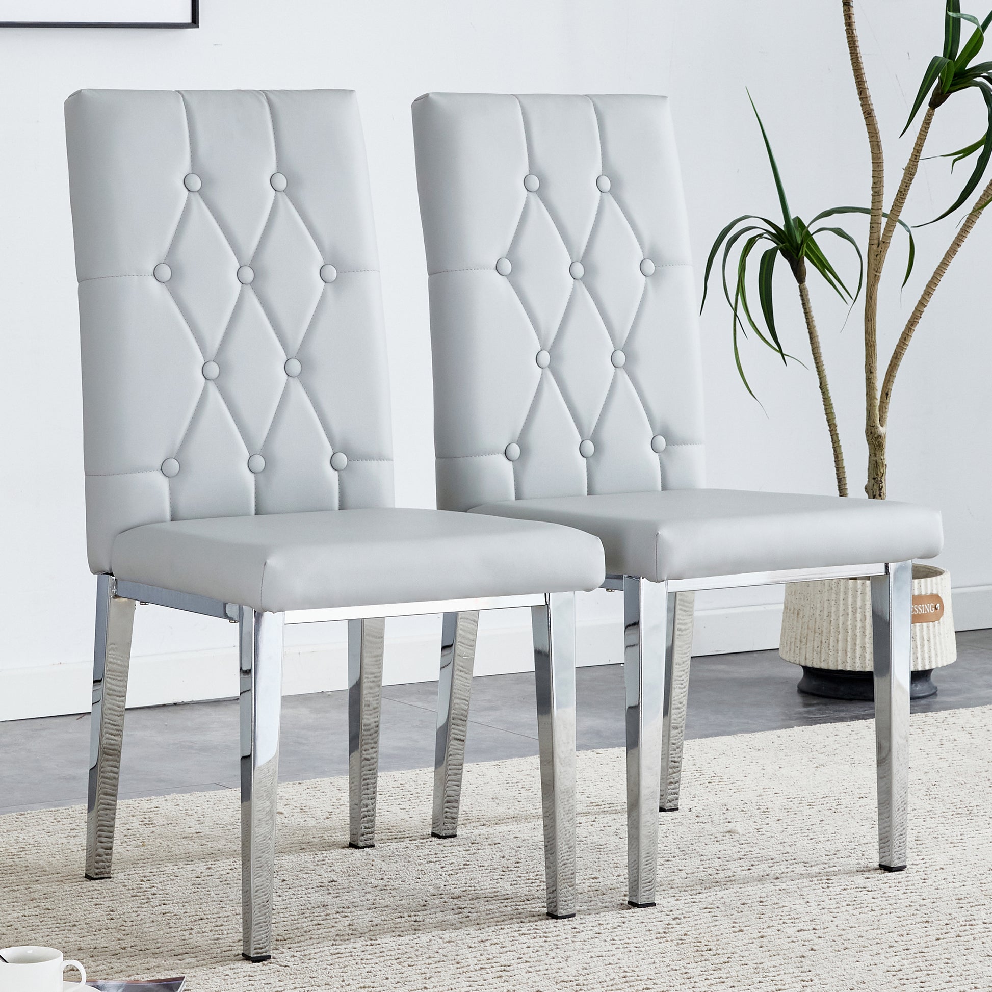 2 Piece Dining Chair, Modern Style Kitchen Upholstered High Back, Metal Leg Office Chair, Suitable For Dining Room, Office, Restaurant. Light Gray Pu