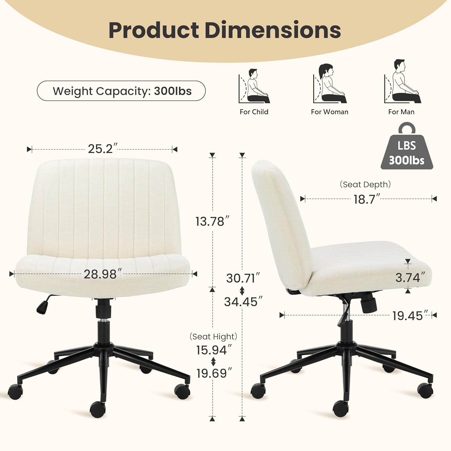 Criss Cross Chair With Wheels, Armless Legged Office Desk Chair, Comfy Swivel Rolling Vanity Chair, Ergonomic Fabric Modern Wide Seat Adjustable Home Office Chair White White Metal