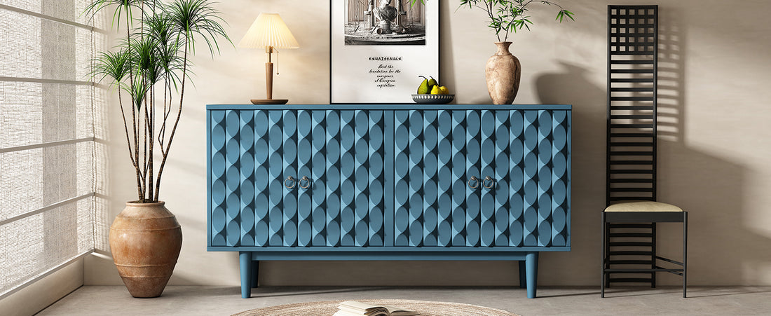 Modern 4 Door Sideboard With Convex Pattern Doors And 2 Silver Handle For Living Room, Dining Room, Kitchen Navy Navy Mdf