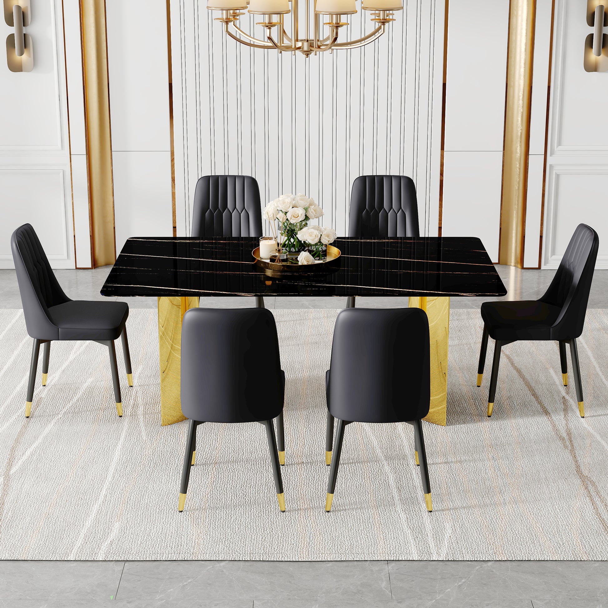 Table And Chair Set.The Table Has A Glass Top With Imitation Marble Pattern Stickers And Stainless Steel Golden Legs. Paried With Chairs With Pu Artificial Leather Backrest Cushions And Black Legs. Black Gold Seats 6 Glass Metal