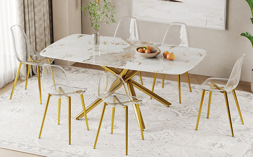 Table And Chair Set.Modern Luxurious White Marble Patterned Tempered Glass Dining Table Set With Transparent Pp Chairs.6 Transparent High Quality Pp Dining Chairs With Golden Legs. White Gold Seats