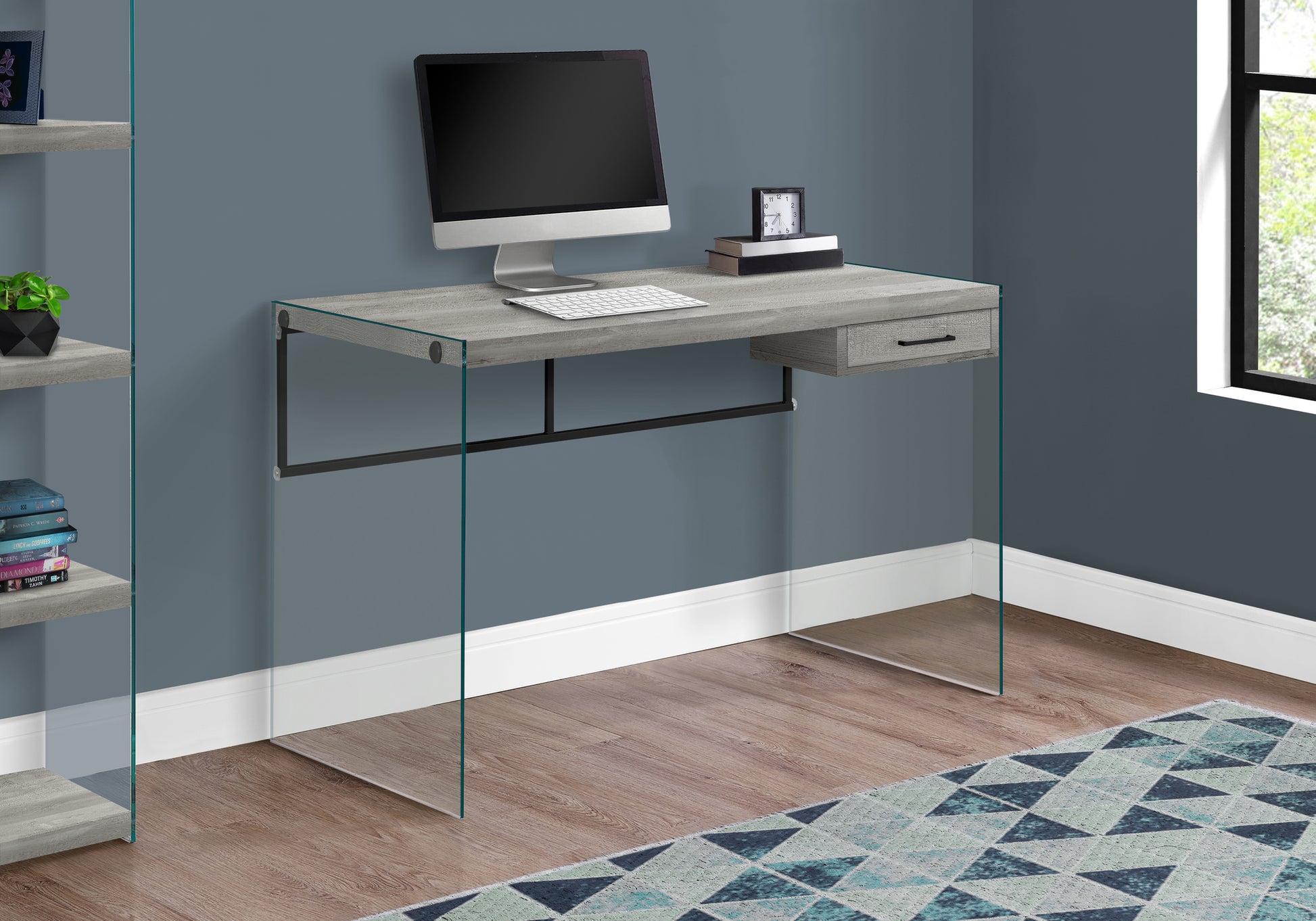 Computer Desk, Home Office, Laptop, Storage Drawers, 48"L, Work, Grey Laminate, Clear Tempered Glass, Contemporary, Modern Grey Particle Board