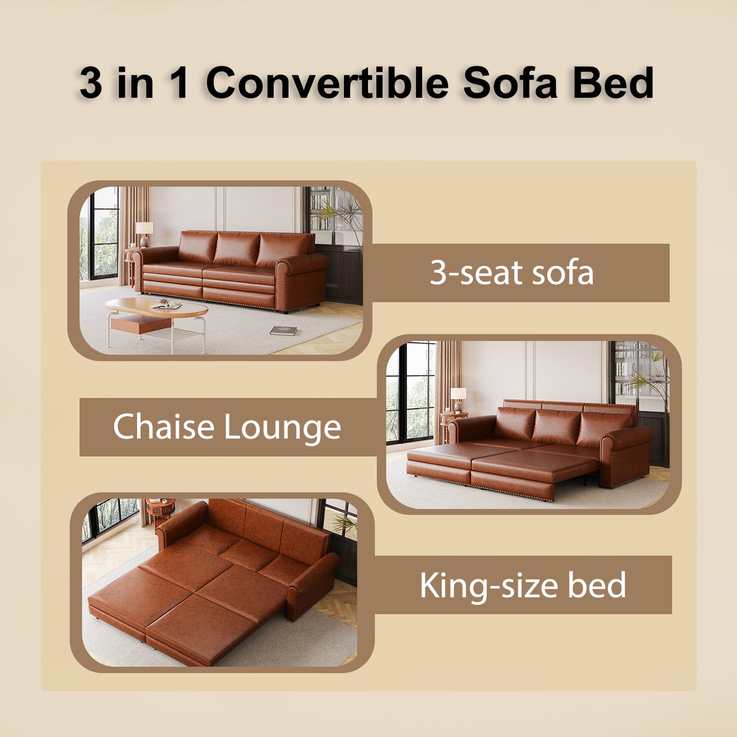 Chesterfield Sofa,93.7" King Pull Out Sofa Bed, 3 In 1 Faux Leather Convertible Sleeper Sofa With Trim & Rolled Arm,Multi Functional Sofa Bed For Living Room,Bedroom,Apartment,Office Light Brown