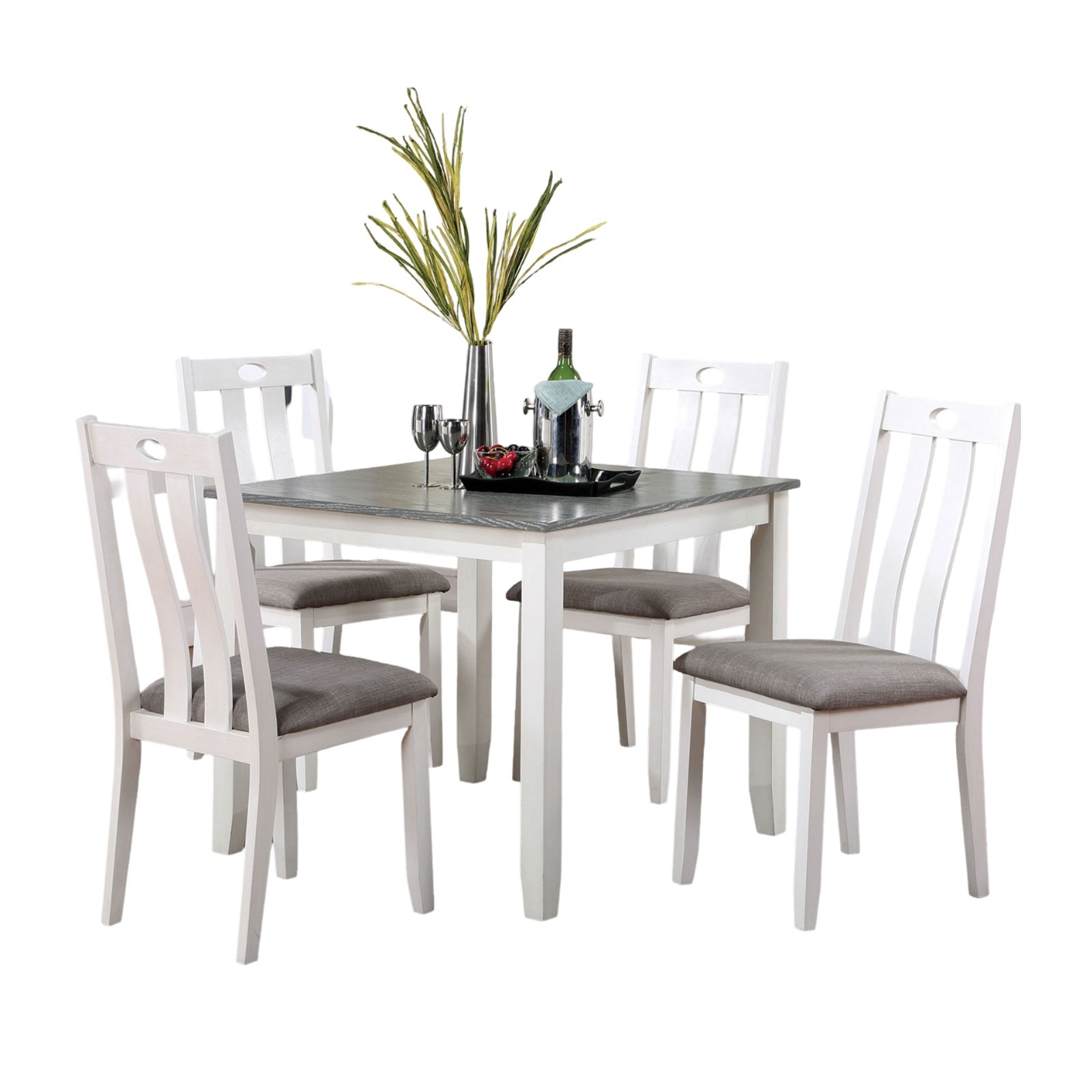 Modern White Solid Wood 5Pc Dining Set Table 4X Chairs Gray Fabric Cushions Seats Chairs Dining Room Wood Dining Room Solid Wood Square Dining Table With Chair Wood Wood White Gray Slat Back Seats 4 36 Inches Contemporary,Modern,Transitional 4 Leg