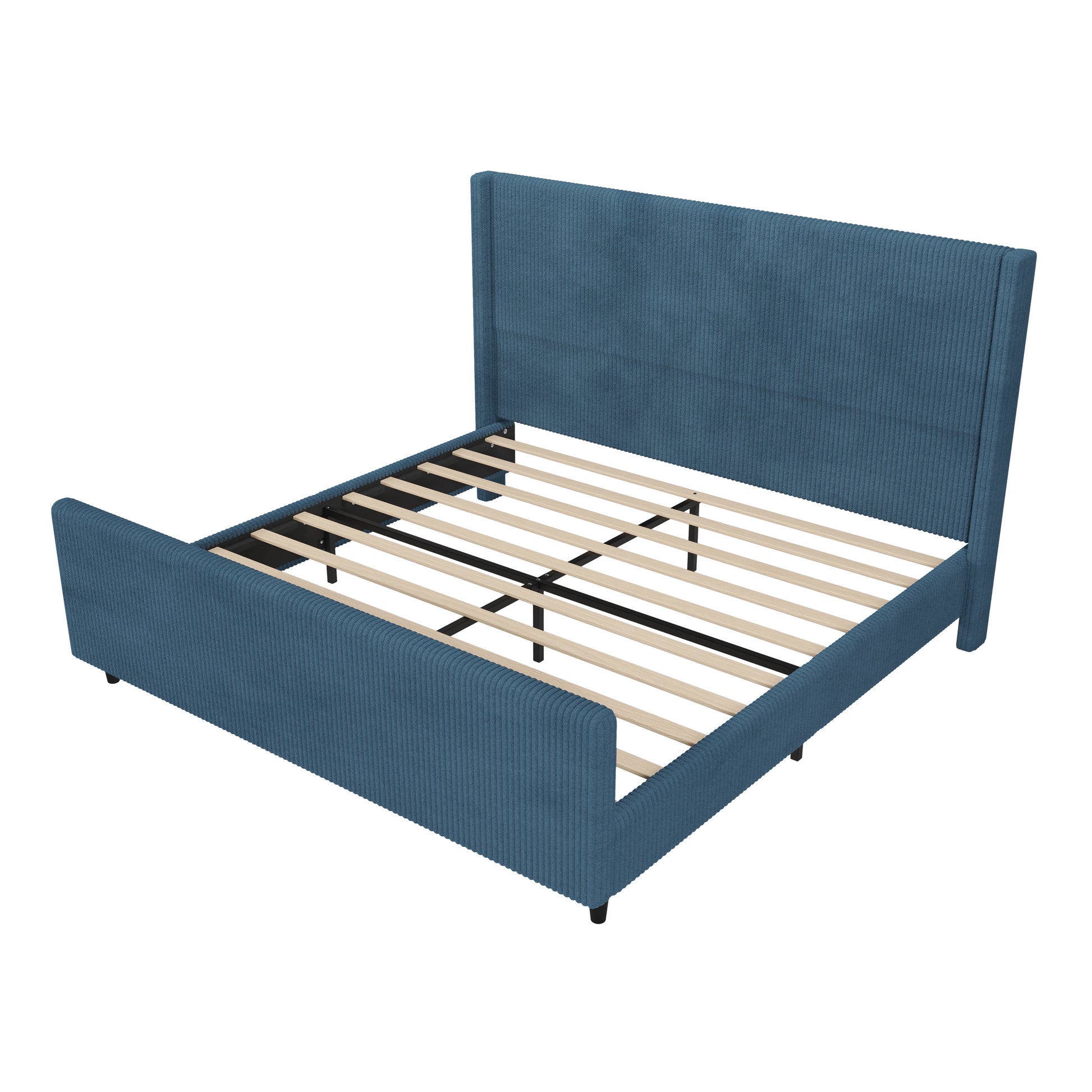 50.7'' High Headboard Corduroy Upholstered Bed Frame With Vertical Stripe Wingback And High Footboard No Box Spring Needed,King Size, Blue Box Spring Not Required King Blue Wood Bedroom Modern Bed Frame Wood