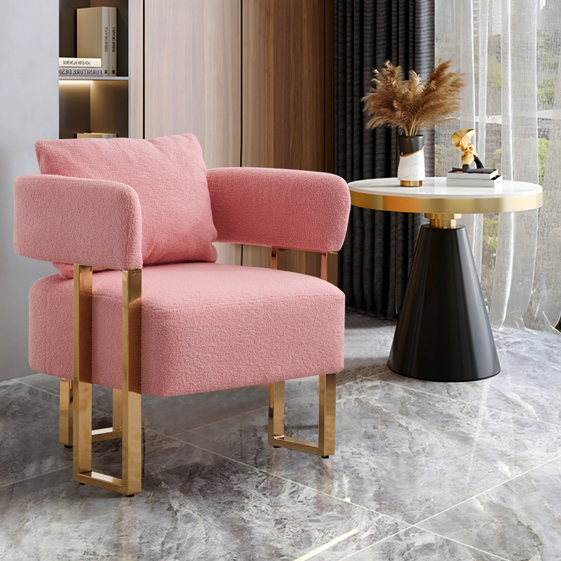 Ts Modern Decorative Chair, Living Room Side Chair With Gold Metal Legs, No Wheels, Suitable For Dressing Area, Reception Room, Office,Teddy Fleece Upholstered Metal Foot Sofas 2Pcs Pink Pink Teddy