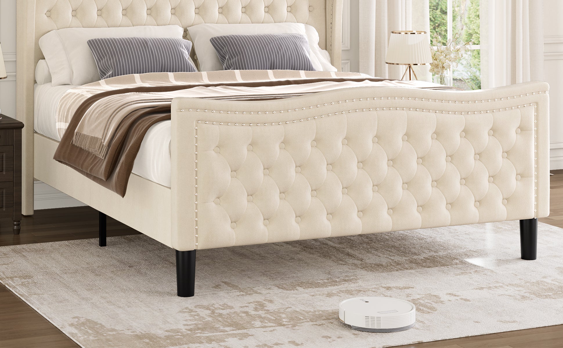 Lift Up Velvet Beige King Size Bed Box Spring Not Required King Beige Wood Light Brown Bedroom American Design Poplar Slat Beds Foam Velvet Upholstered