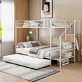 Twin Over Full Metal Bunk Bed With Trundle And Lateral Storage Ladder And Wardrobe, White White Metal