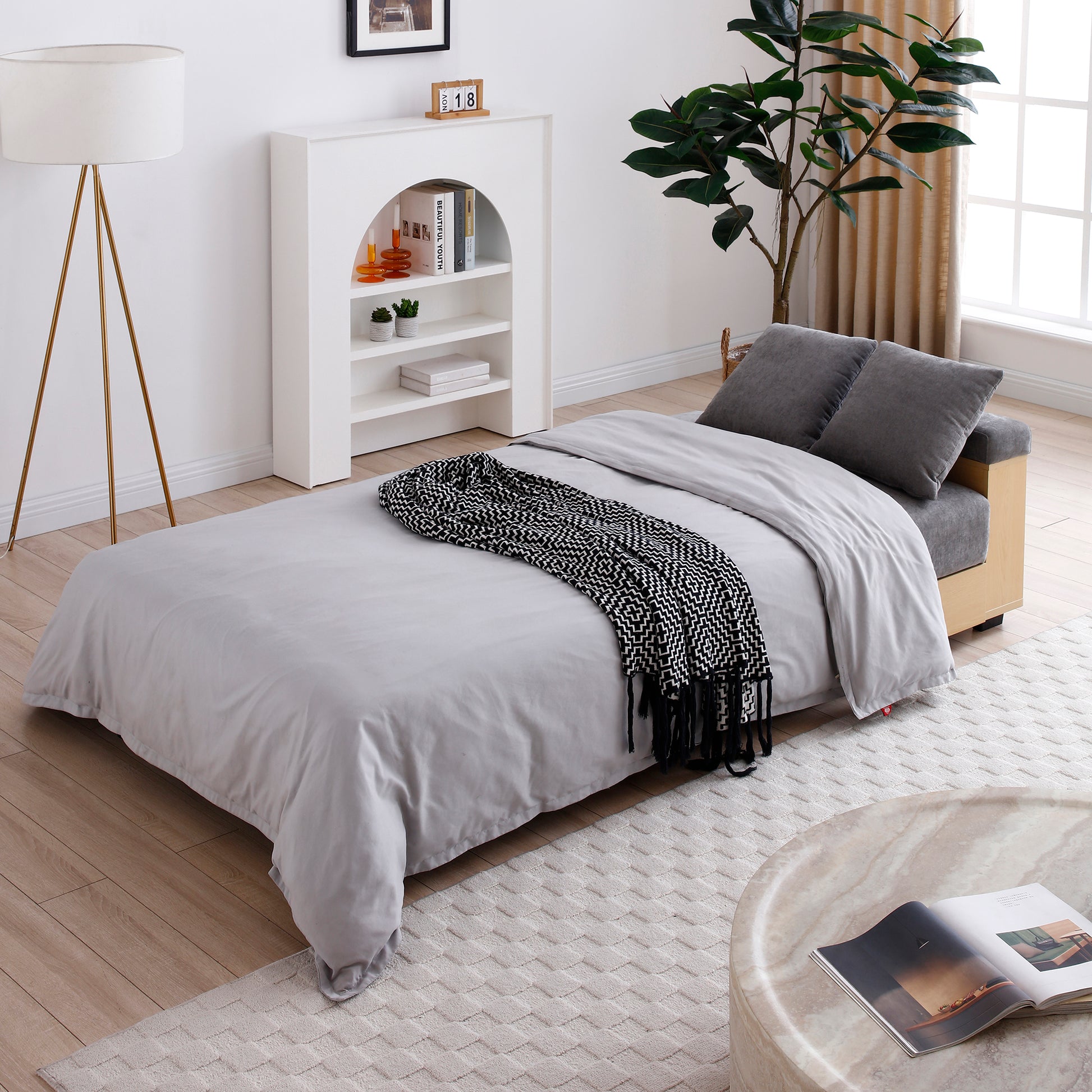 Convertible Sleeper Sofa Couch,Multifunctional Double Folding Sofa Bed,Storage Ottoman And Sofa Arm With Box And Drawer, Drop Down Table With 2Cup Holders For Living Room,Apartment,Office,Grey Grey Linen Wood Primary Living Space Modern Foam Cotton Linen