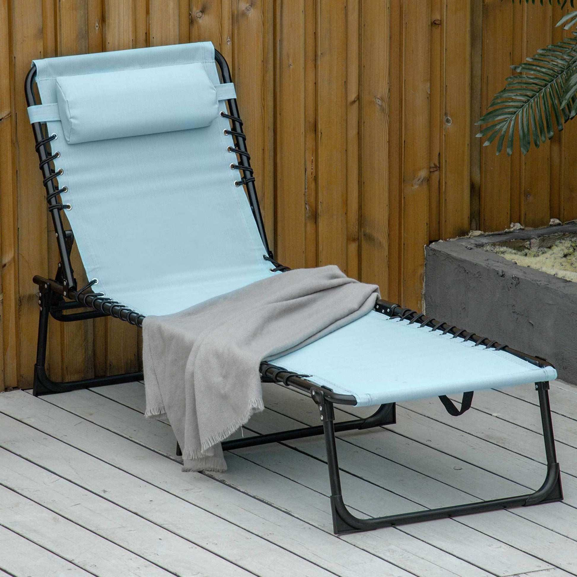 Outsunny Folding Chaise Lounge Pool Chair, Patio Sun Tanning Chair, Outdoor Lounge Chair W 4 Position Reclining Back, Pillow,Mesh & Bungee Seat For Beach, Yard, Patio, Baby Blue Blue Steel