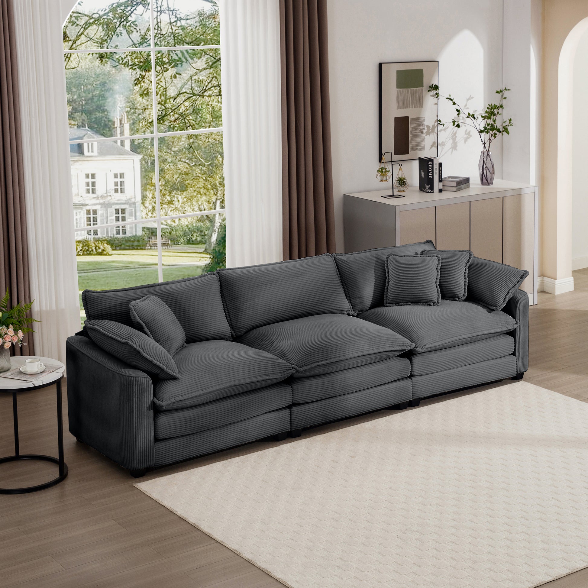 Mid Century Modern Sectional Sofa 3 Seater Sectional Sofa With 2 Arm Pillows And 3 Pillows, Living Room Sectional Grey Corduroy Fabric Grey Corduroy 3 Seat