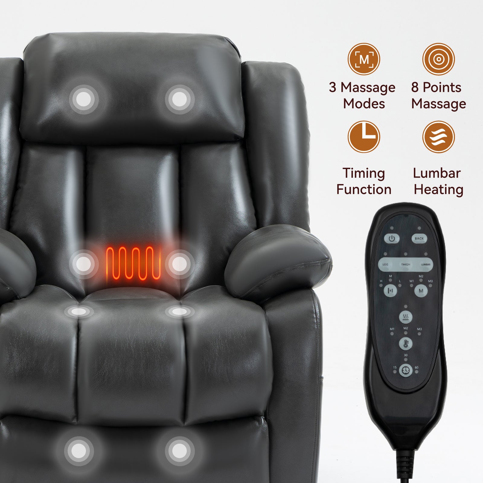 Dual Motor Infinite Position Up To 350 Lbs Electric Medium Size Grey Power Lift Recliner Chair With 8 Point Vibration Massage And Lumbar Heating White Metal Primary Living Space Heavy Duty Pine Antique Gray Faux Leather Power Remote Medium Firm Pillow