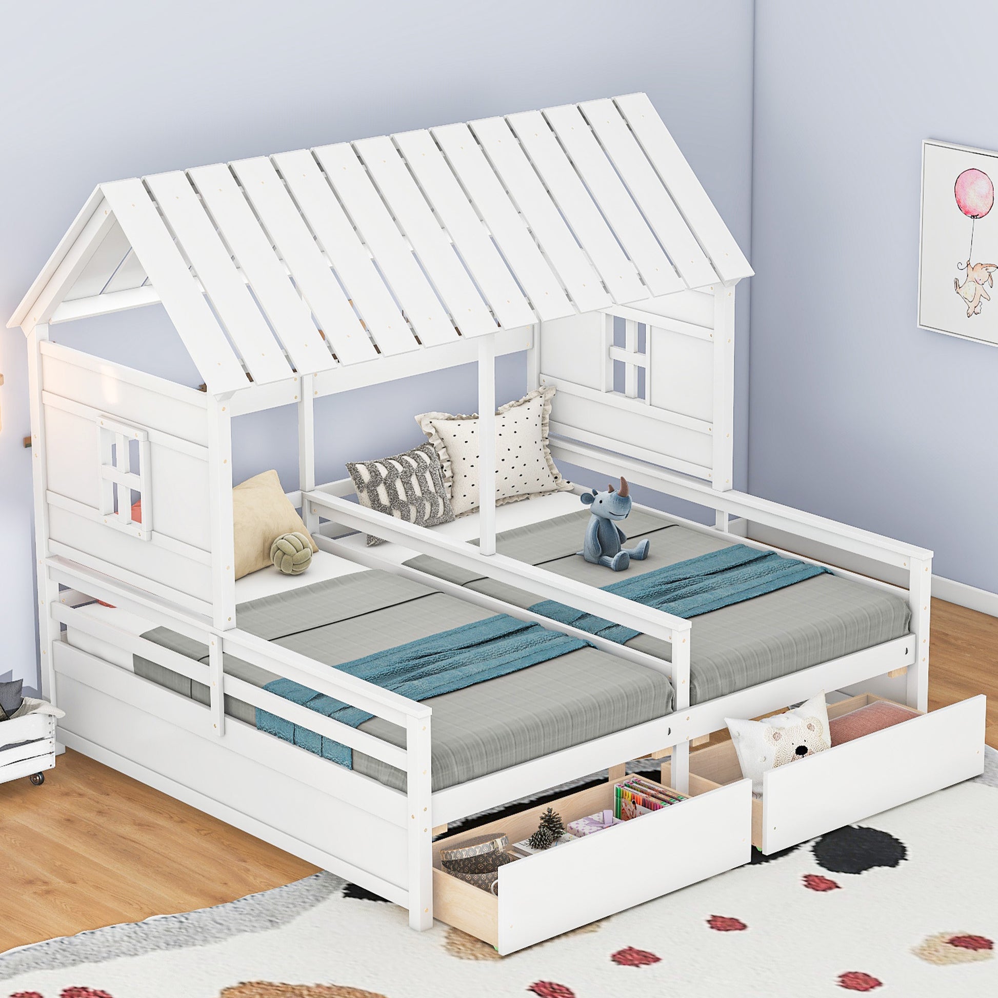 Twin Size House Platform Beds With Two Drawers For Boy And Girl Shared Beds, Combination Of 2 Side By Side Twin Size Beds,White Twin White Solid Wood Mdf