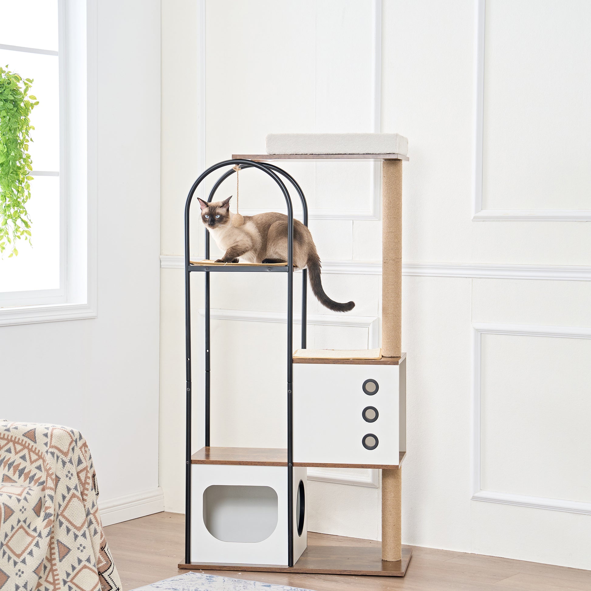 Cat Climbing Frame,Cat Tree,Modern Cat Tower, Multi Level Cat Condo With 1 Caves,2 Scratching Posts,Perch,For Indoor Cats White Vintage Modern,Vintage Particle Board