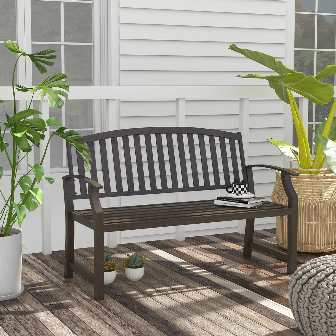 Outsunny 46" Outdoor Garden Bench, Metal Bench, Wood Look Slatted Frame Furniture For Patio, Park, Porch, Lawn, Yard, Deck, Brown Brown Steel