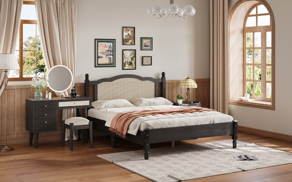 3 Pieces Bedroom Set With Queen Size Wooden Bed Frame, 1 Vintage Nightstand And 1 Makeup Vanity Set With Stool,Black Expected Arrival Time: 08.23 Queen Black 3 Piece Set Wood