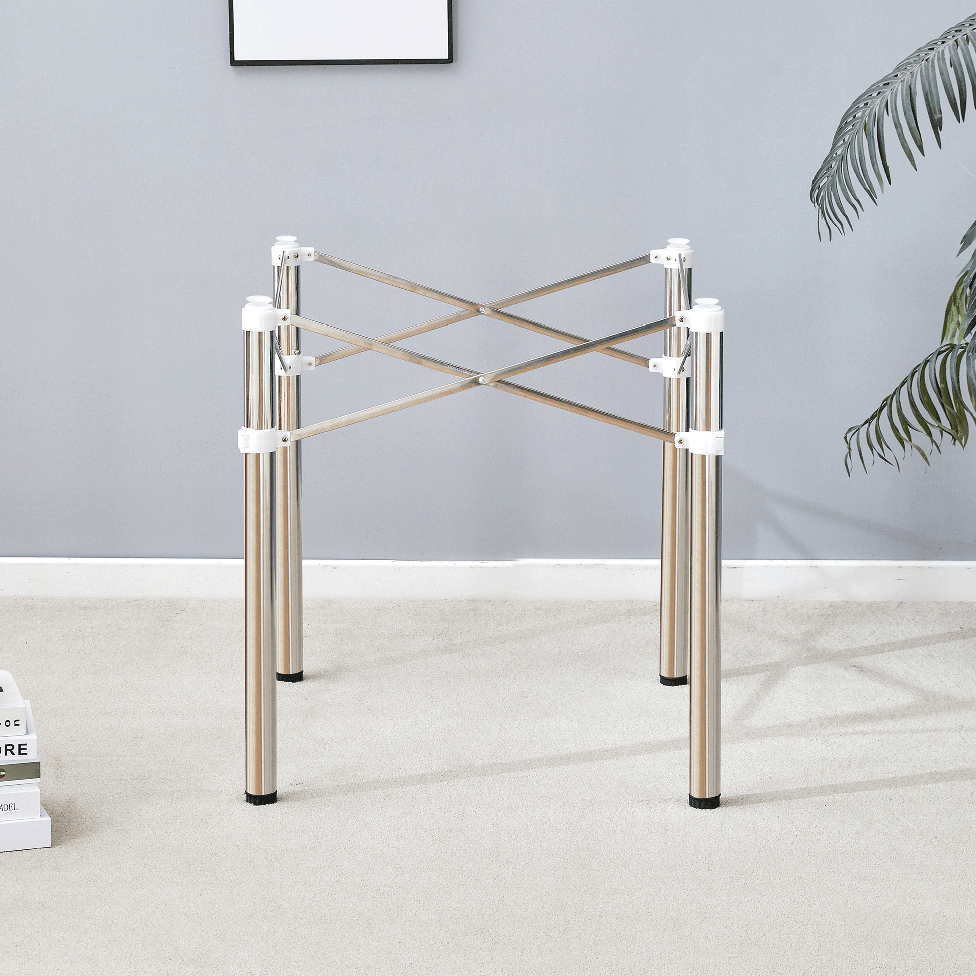 Simple Silver Stainless Steel Folding Table Frame Multifunctional, Space Saving.Folding Table Frame,Silver Stainless Steel Material,Only Table Leg.5.5*5.5*28.7 26.3*26.3*28.7 Inch. Silver Metal