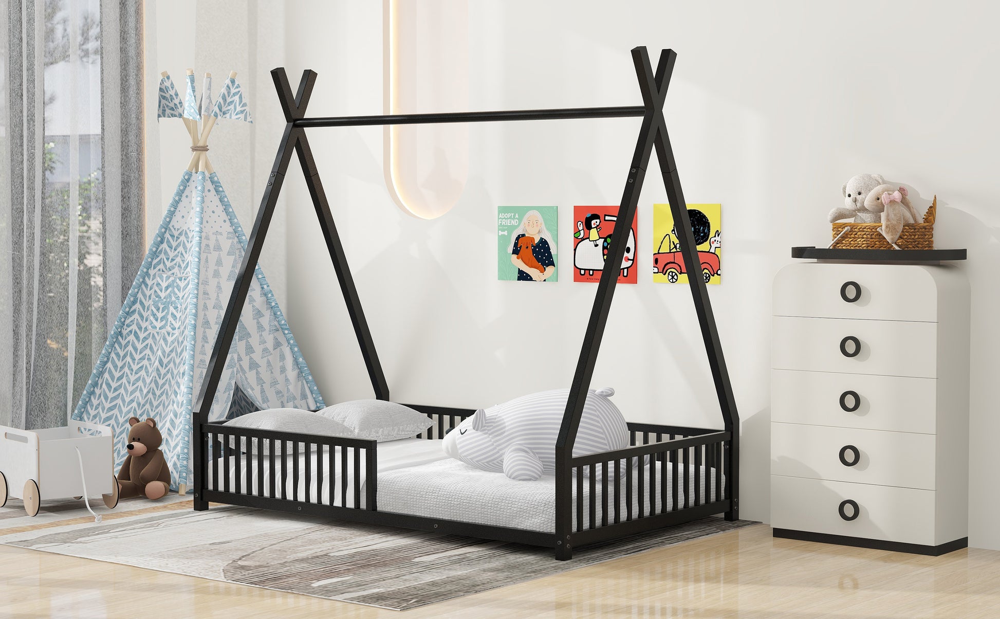 Metal Twin Size House Platform Bed With Triangle Structure And Guardrail, Black Expected Arrival Time: 9.7 Box Spring Not Required Twin Black Metal Metal