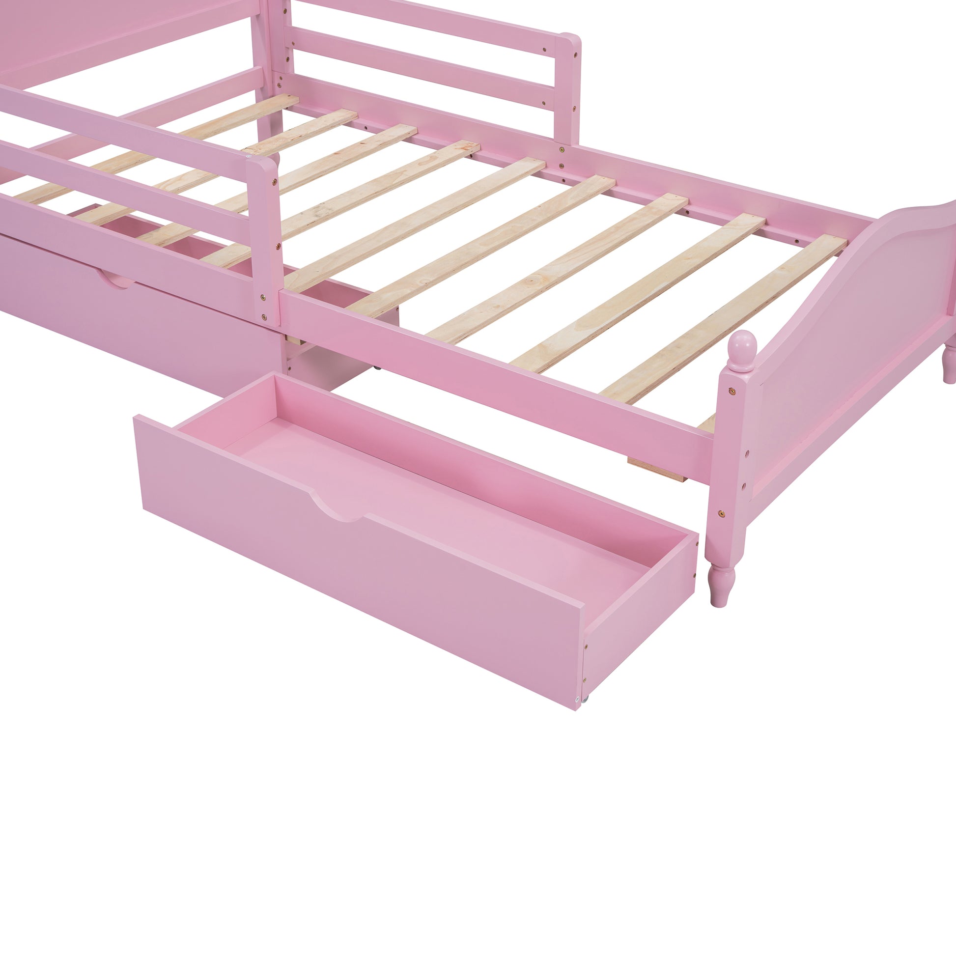 Twin Size Wood Platform Bed With Guardrails On Both Sides And Two Storage Drawers ,Pink Twin Pink Wood