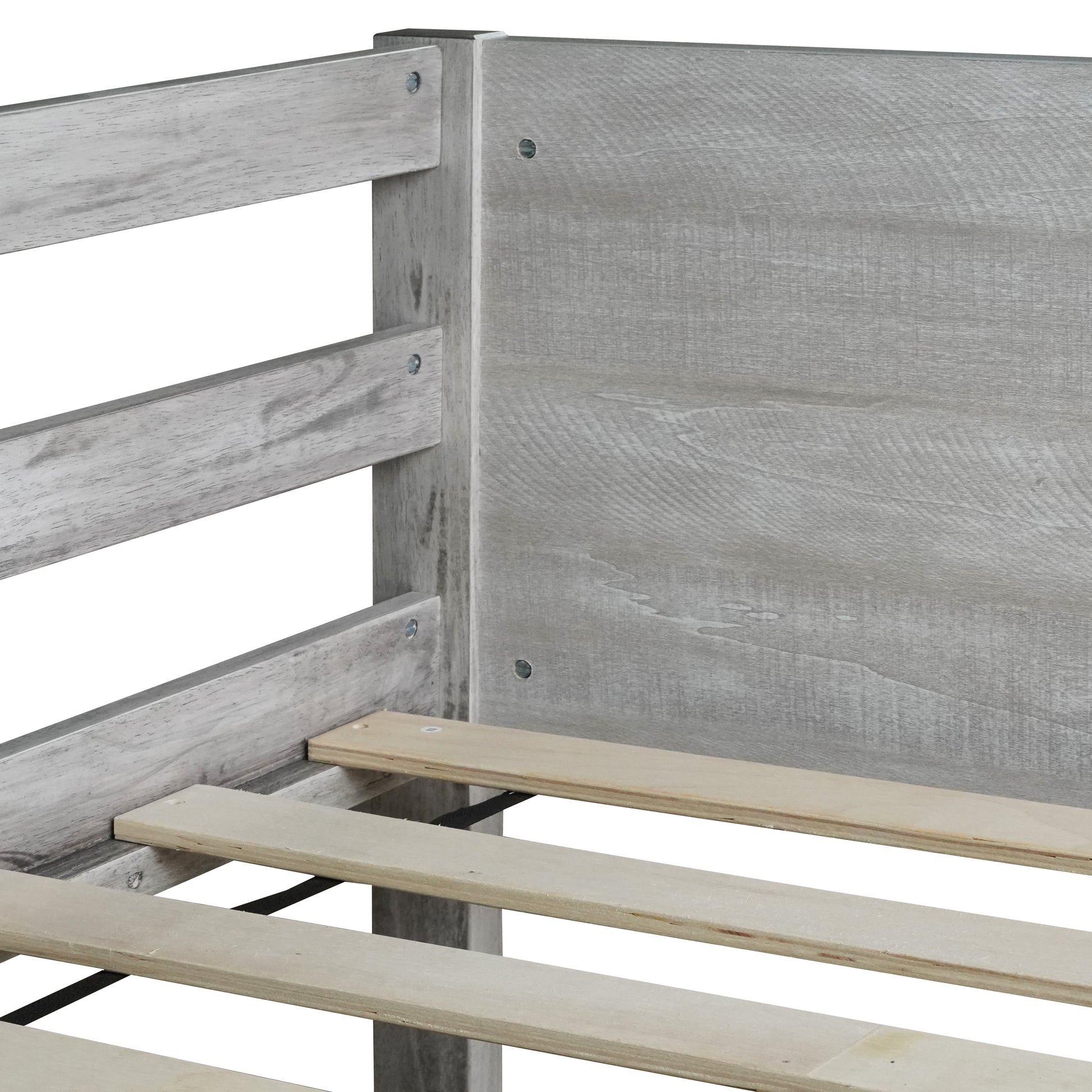 Twin Over Twin Floor Bunk Bed With Panelled Headboard And Footboard, Solid Rubber Wood Foundation With Safety Guardrails, Built In Ladder,Antique White Twin Antique White Rubber Wood