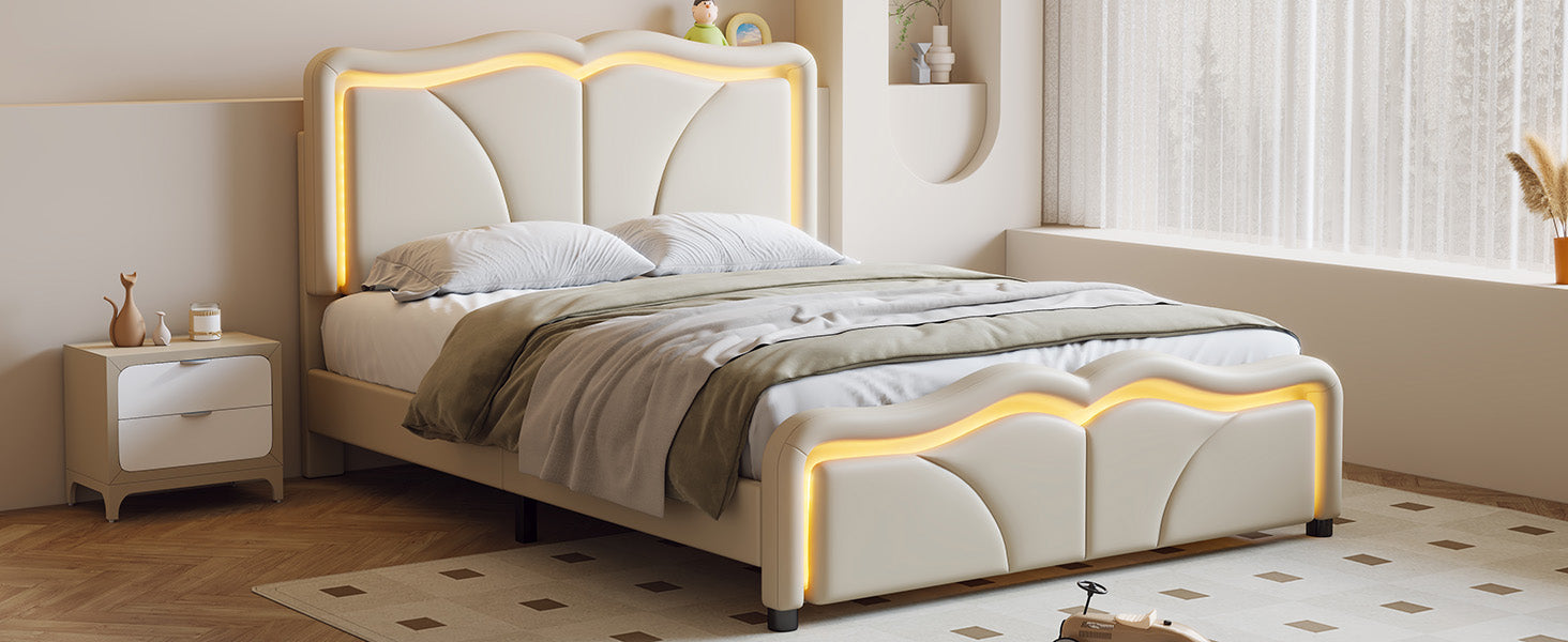Full Size Upholstered Platform Bed With Curve Shaped And Height Adjustbale Headboard,Led Light Strips,White Full White Upholstered