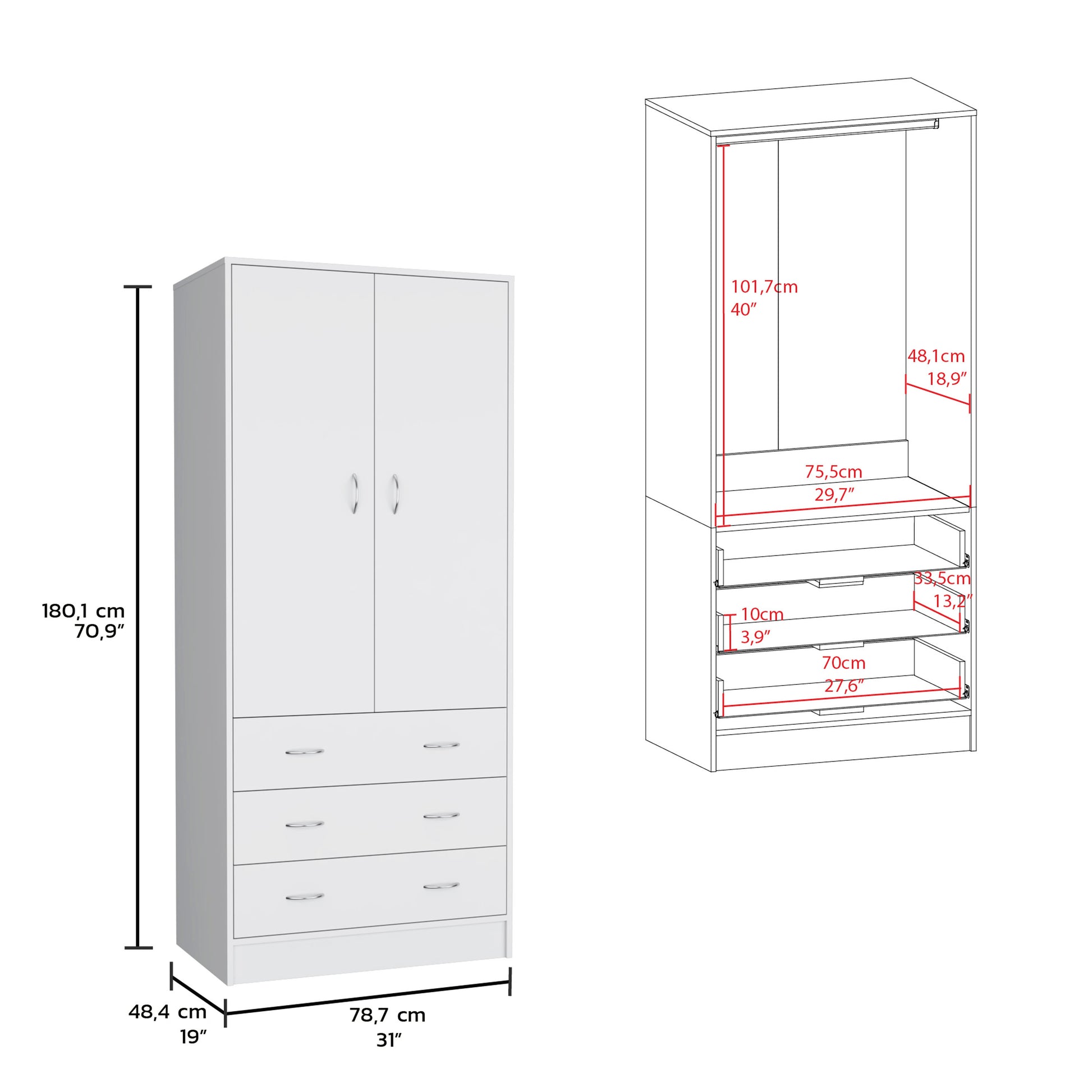 Taly Armoire With Double Doors, 3 Drawers, And Hanging Rod White White Particle Board