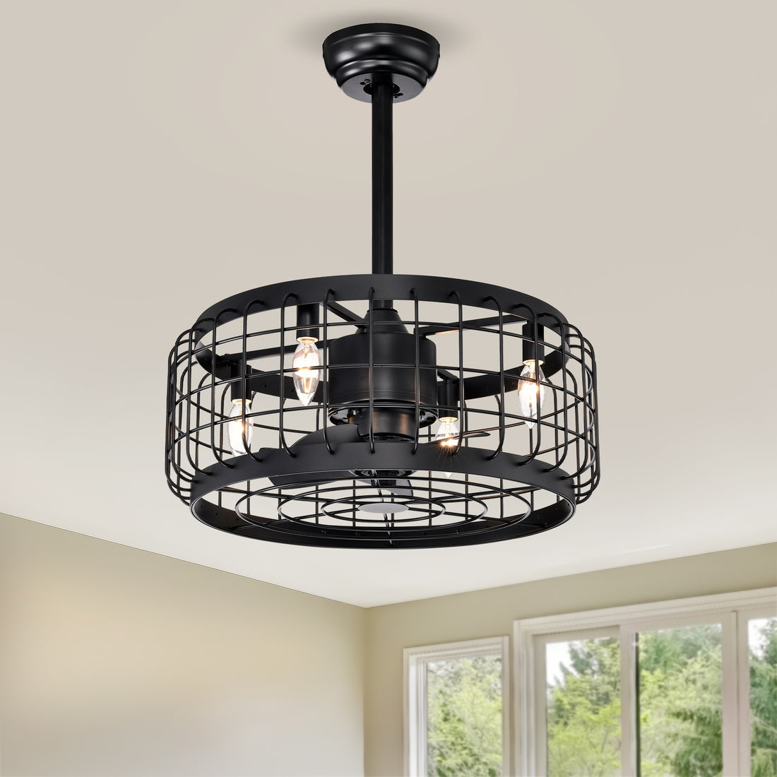 20.24" Caged Ceiling Fan With Remote Control,Timer, 3 Speeds Indoor Ceiling Fan For Farmhouse, Bedroom Living Room No Include Bulbs Matte Black American Design,Farmhouse,Modern,Traditional,Vintage Abs Metal